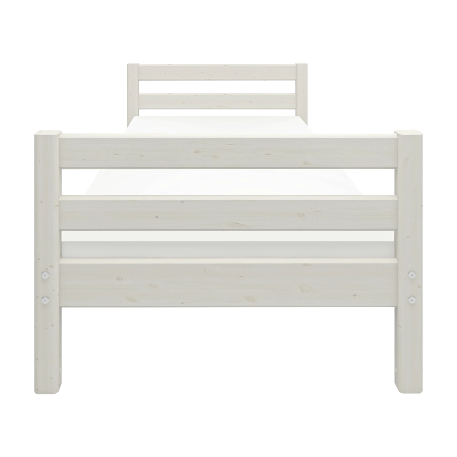 FLEXA hvid enkeltseng, skandinavisk stil, indbygget lamellbund, børnevenligt design i et børneværelse.