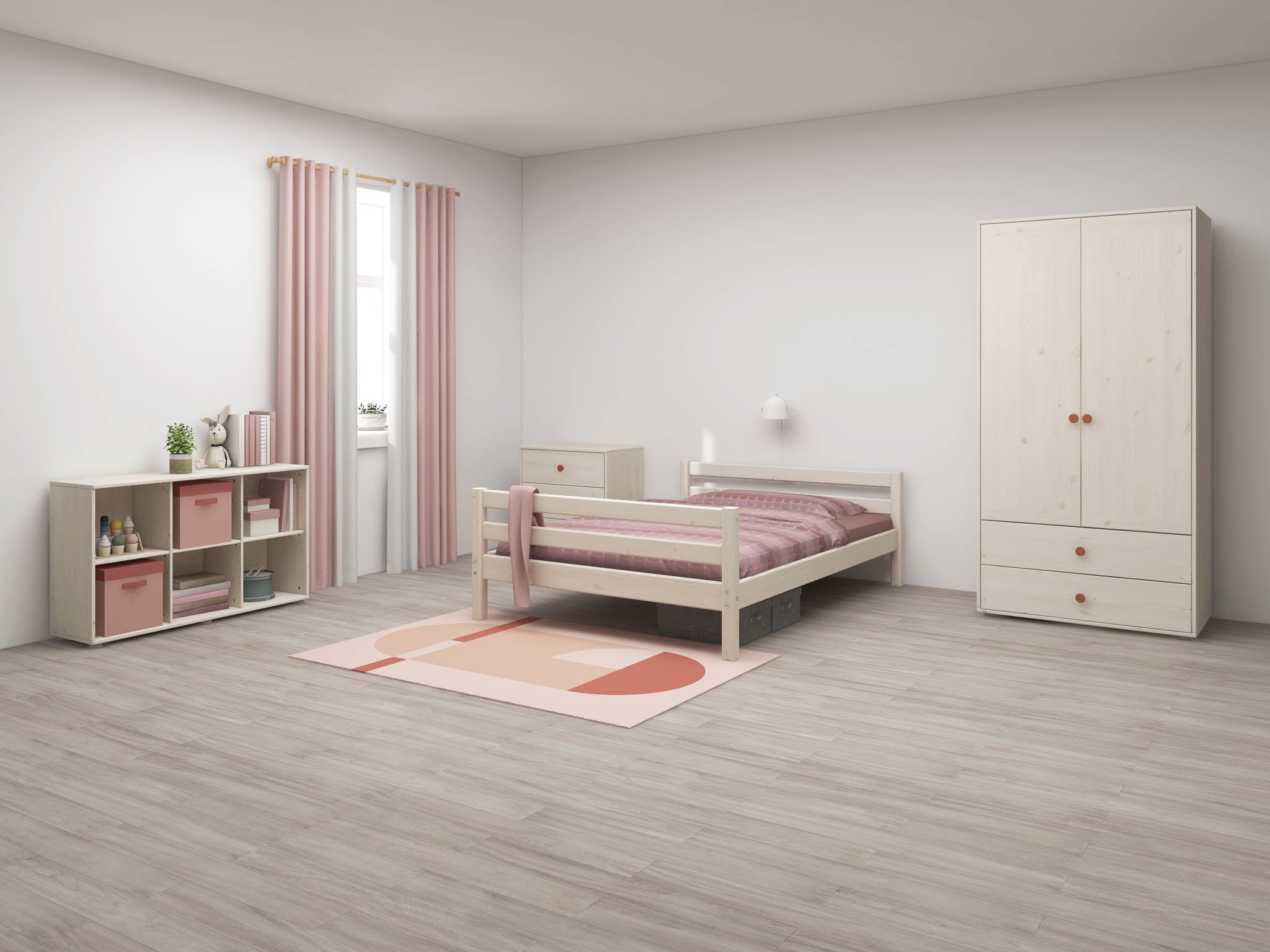 FLEXA SINGLE BED 140x200cm in white with pink curtains, light wood, and wardrobe in a child’s minimalist bedroom.