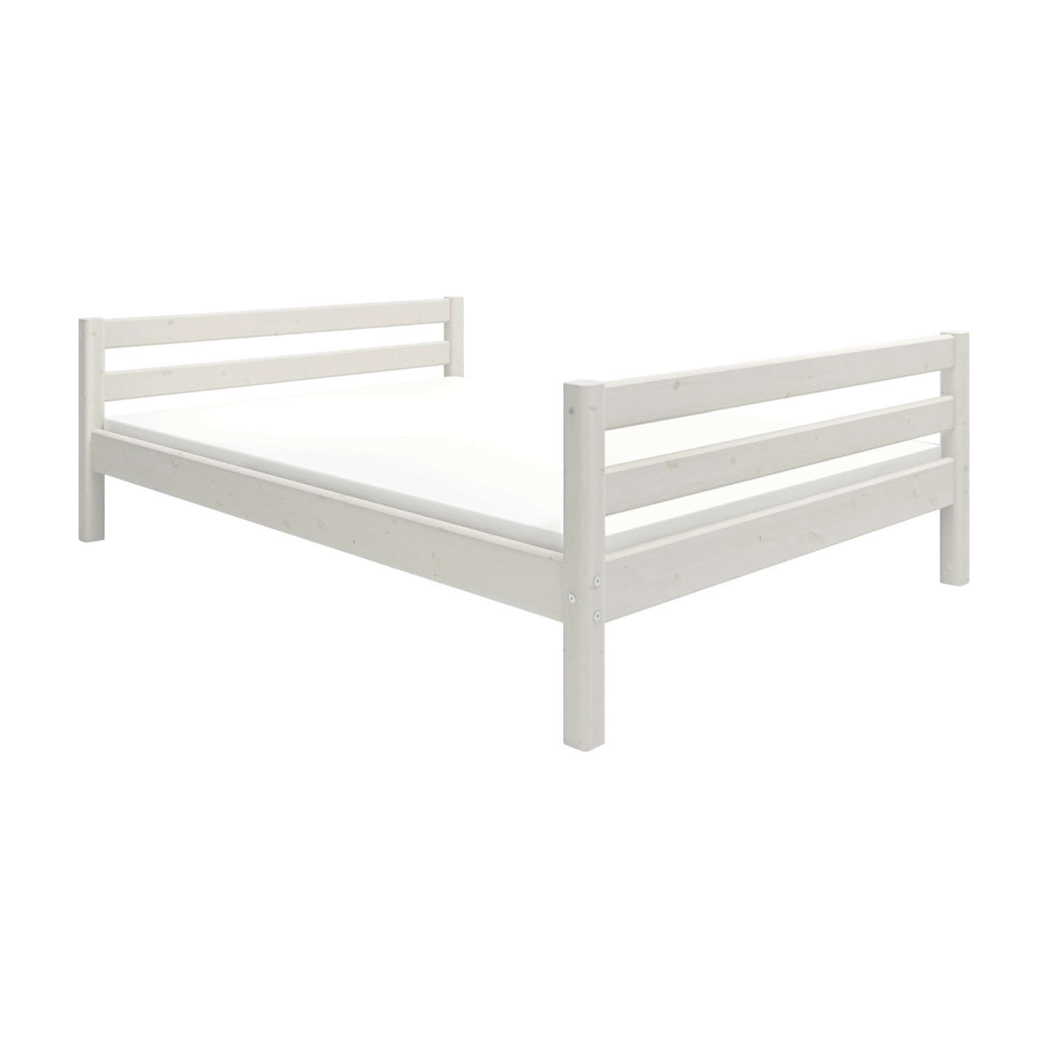 FLEXA white single bed, 140x200 cm, with horizontal slatted headboard and footboard, on plain backdrop.