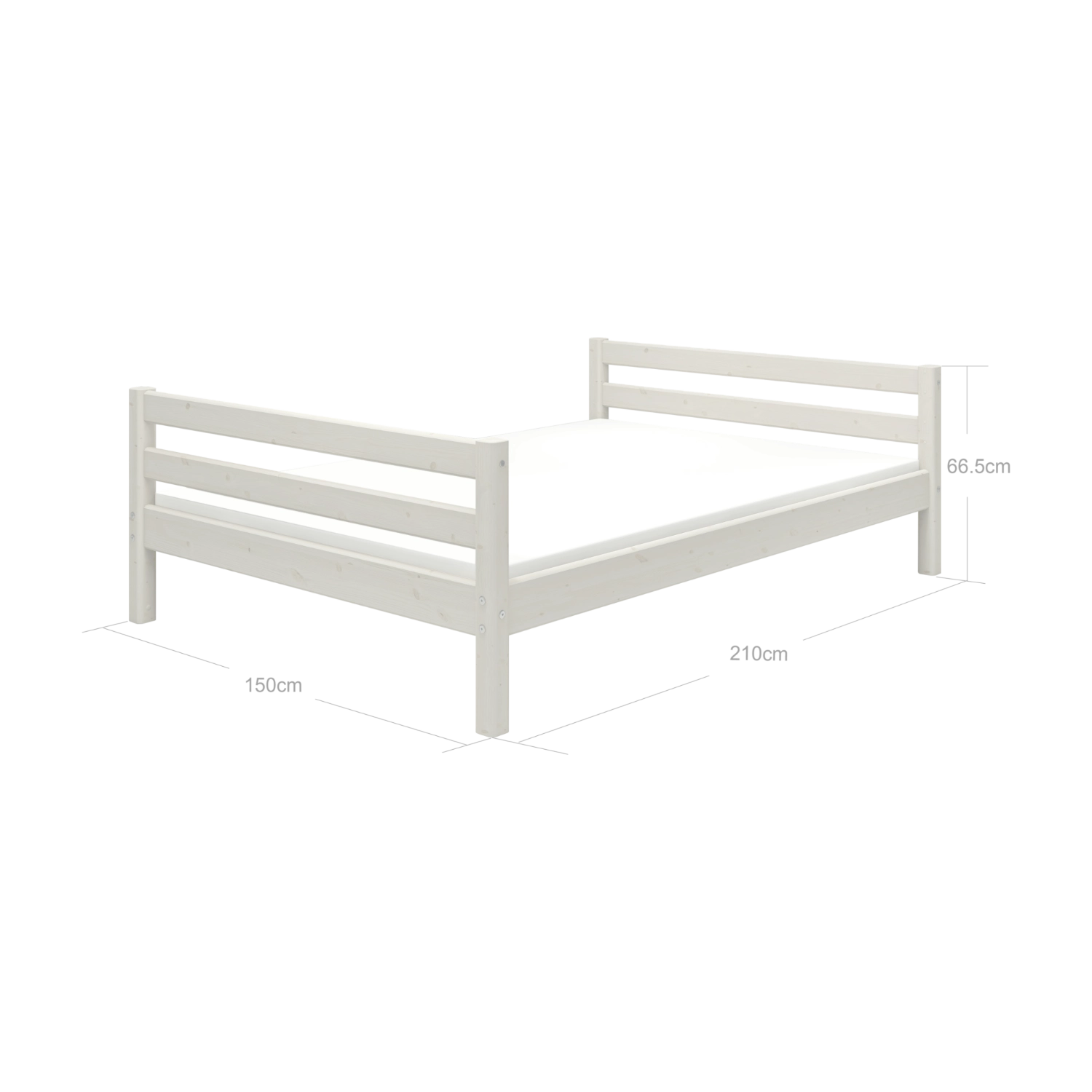 FLEXA CLASSIC enkeltseng i hvid fyr, 140 x 200 cm, med hoved- og fodgærde i et børneværelse, afrundede kanter.