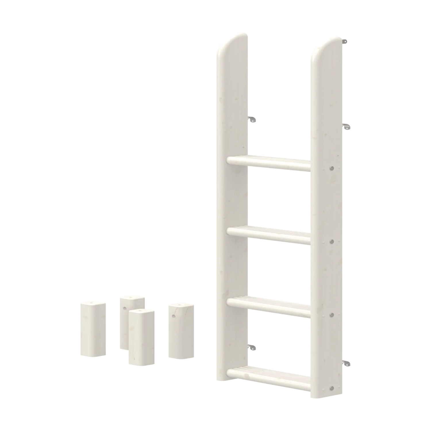 FLEXA WHITE stige og ben til køjeseng, fire skridsikre trin, børnesikkert design, vist på ensfarvet baggrund.