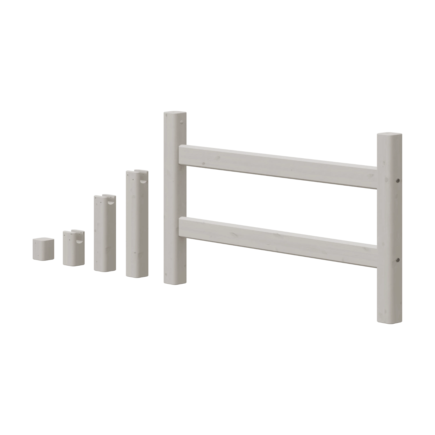 FLEXA grå sengeben (143 cm) med synligt børnesikkert design, sammen med en ramme af hvidt fyrretræ; velegnet til børneværelser.