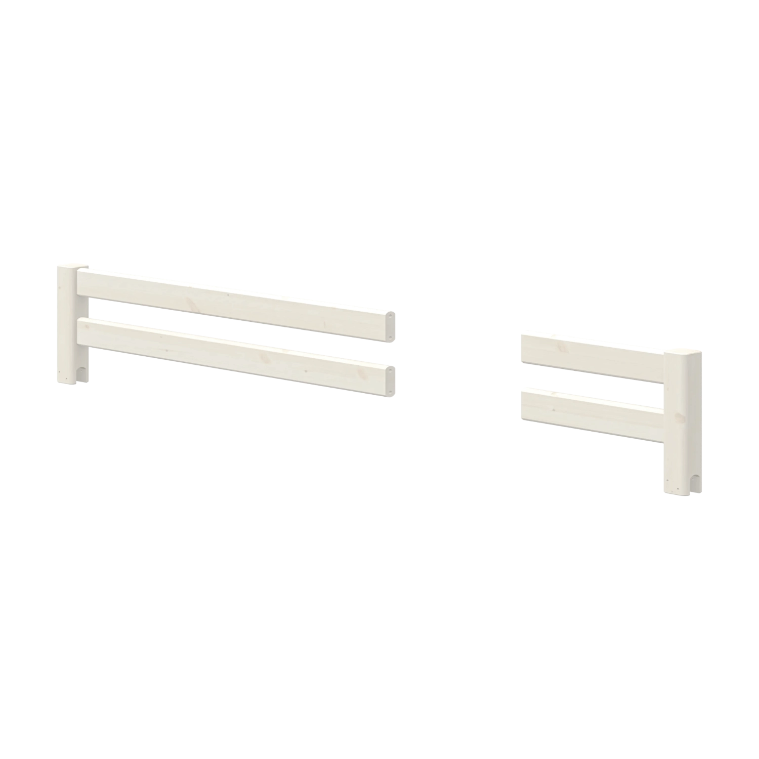 FLEXA safety rails from the WHITE collection, white finish, two-bar design, child-safe edges, shown on pale background.