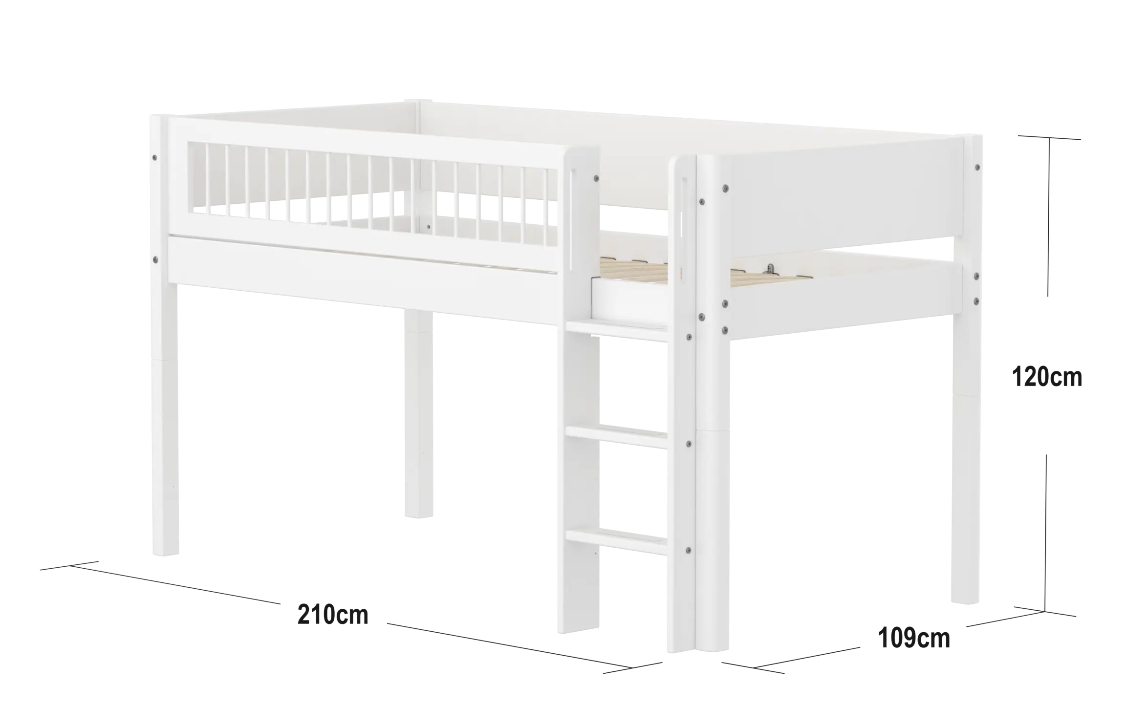 High Bed 120 cm with Ladder and Safety Rail, 90x200 cm, White MID_HIGH-BED midslp-f-wht-mdf-200x90-str-ladder-crossbars-f-wht  flexa-com.myshopify.com