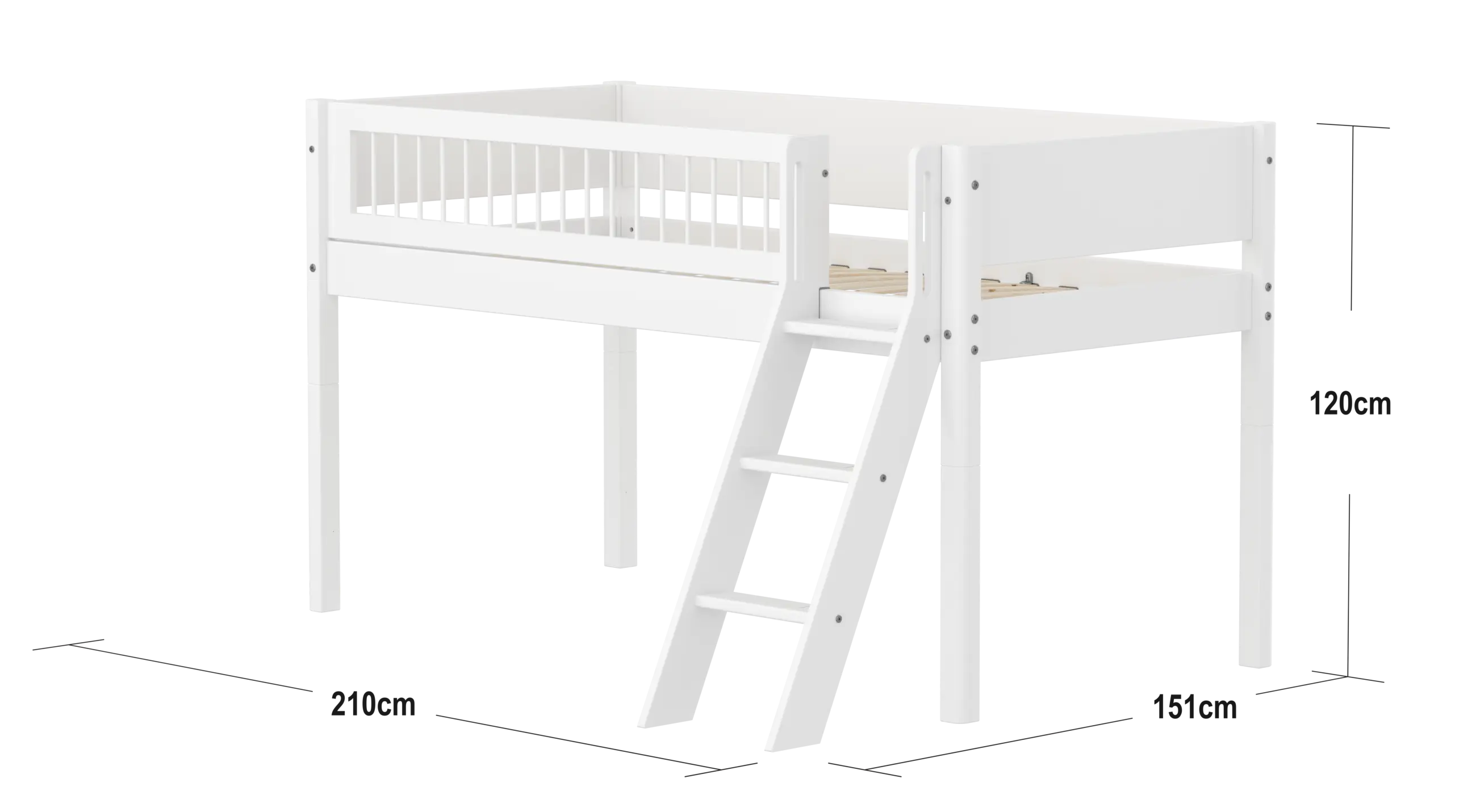 High Bed 120 cm with Ladder and Safety Rail, 90x200 cm, White MID_HIGH-BED midslp-f-wht-mdf-200x90-sl-ladder-crossbars-f-wht  flexa-com.myshopify.com