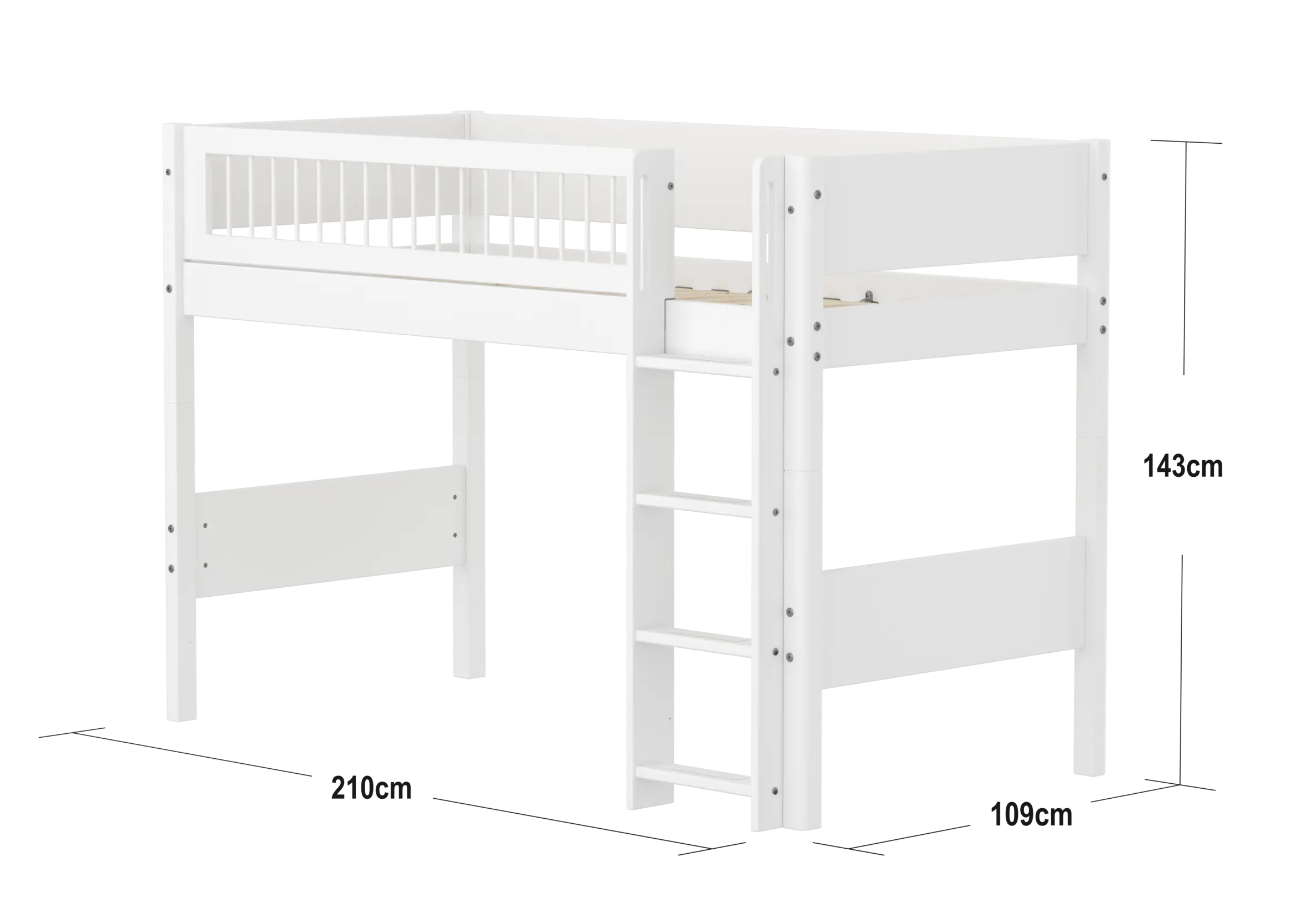 High Bed 143 cm with Ladder and Safety Rail, 90x200 cm, White SEMI_HIGH-BED semi-highsleeper-200x90-f-wht-str-ladder-crossbars  flexa-com.myshopify.com