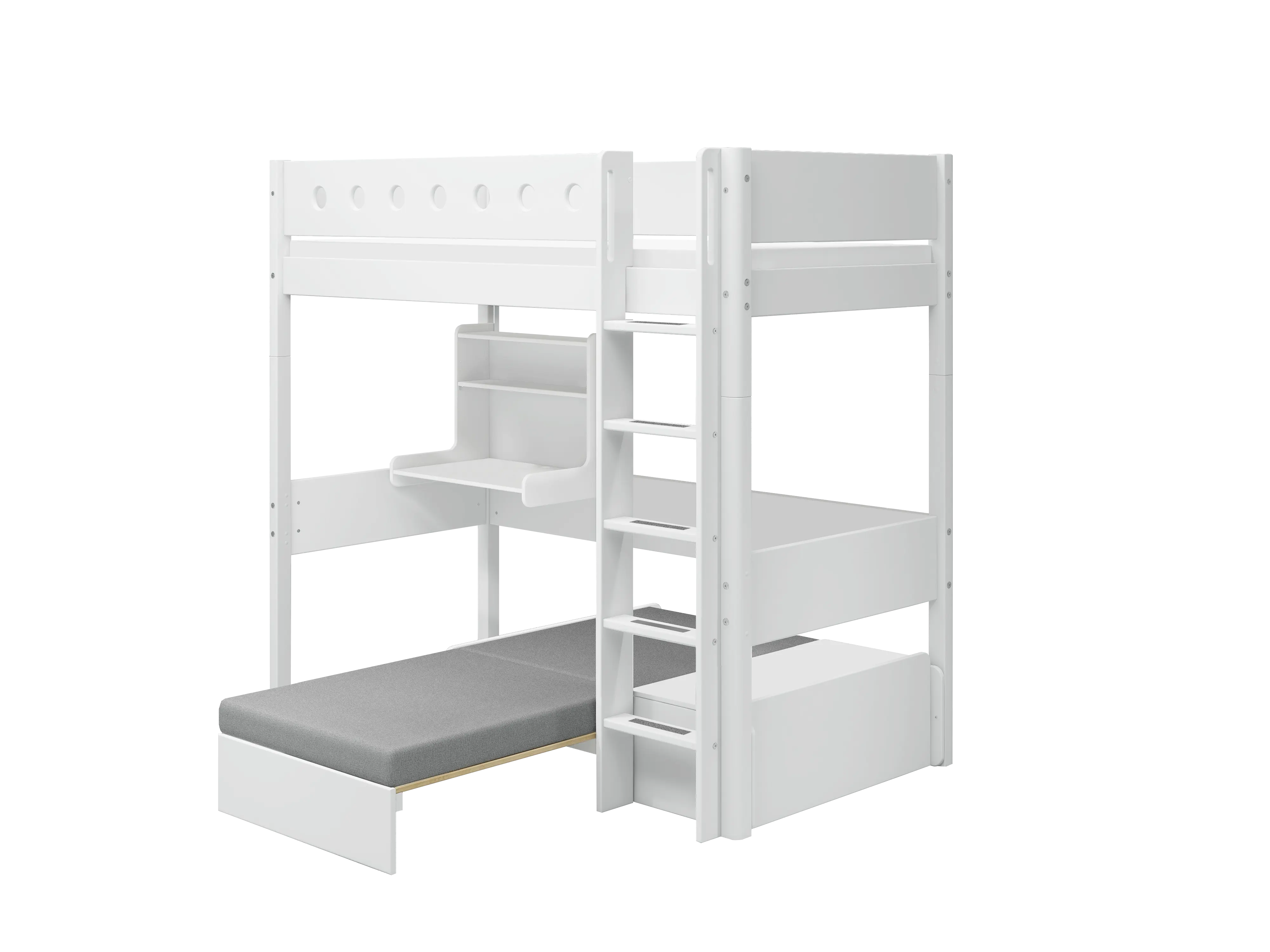 FLEXA WHITE high bed from CLASSIC with desk, sofa, ladder, and rail in a teen room; child-safe guard rail visible.
