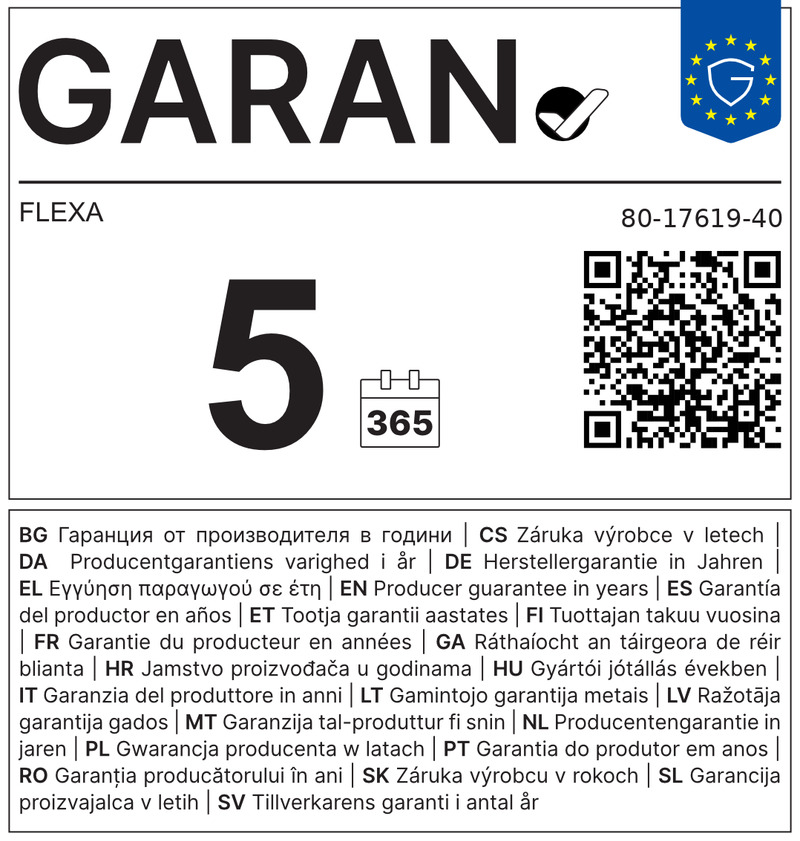 GARAN label, 5 year producer guarantee, FLEXA 80-17619-40