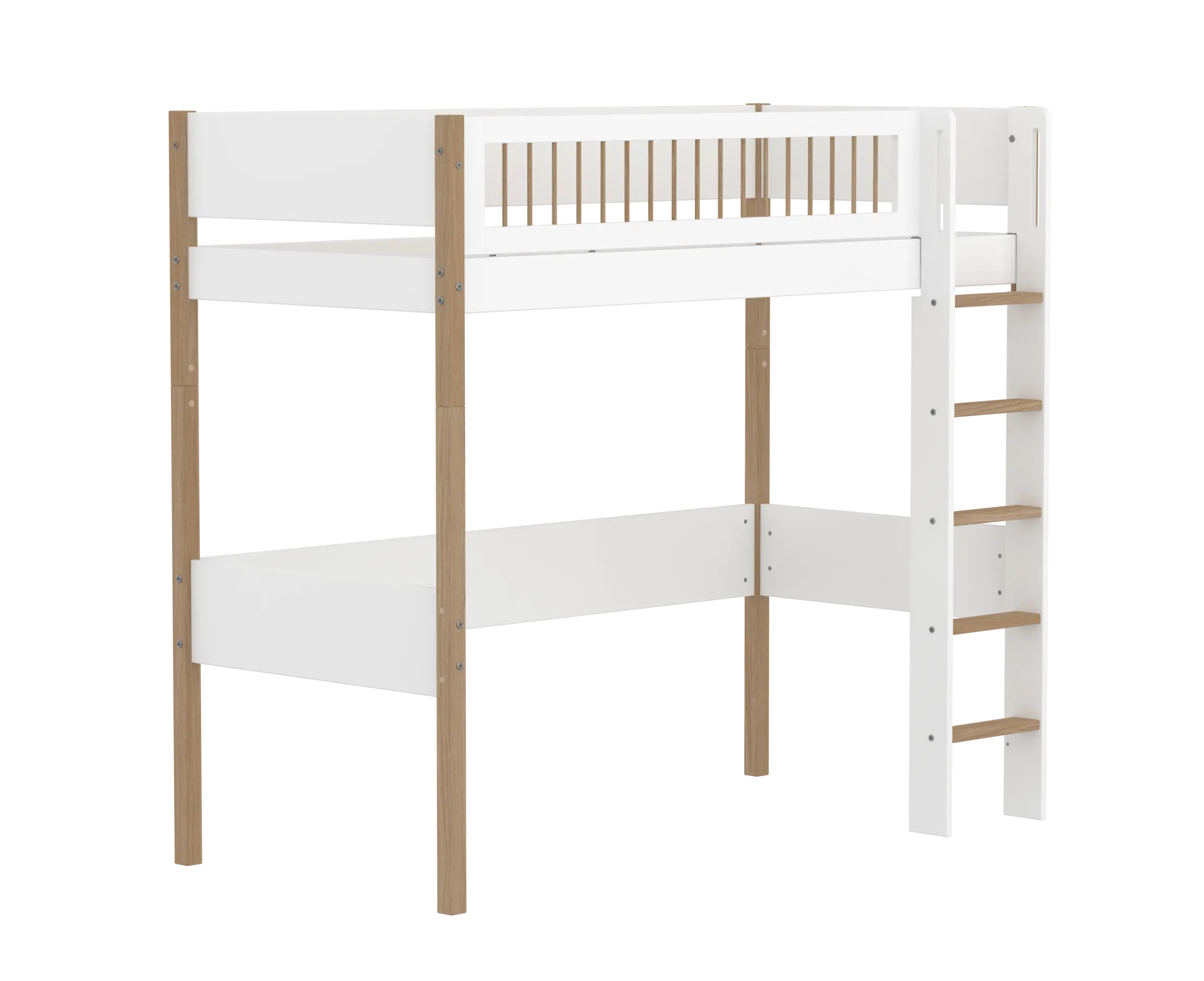 High Bed 184 cm with Ladder and Safety Rail, 90x200 cm, White/Oak HIGHBED high-sleeper-f-wht-mdf-200x90cm-legs-oak-rail-f-wht  flexa-com.myshopify.com