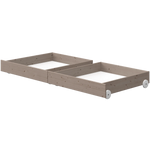 FLEXA storage drawers in brown, shown under a bed with wheels; classic bedroom style, child-safe edges visible.