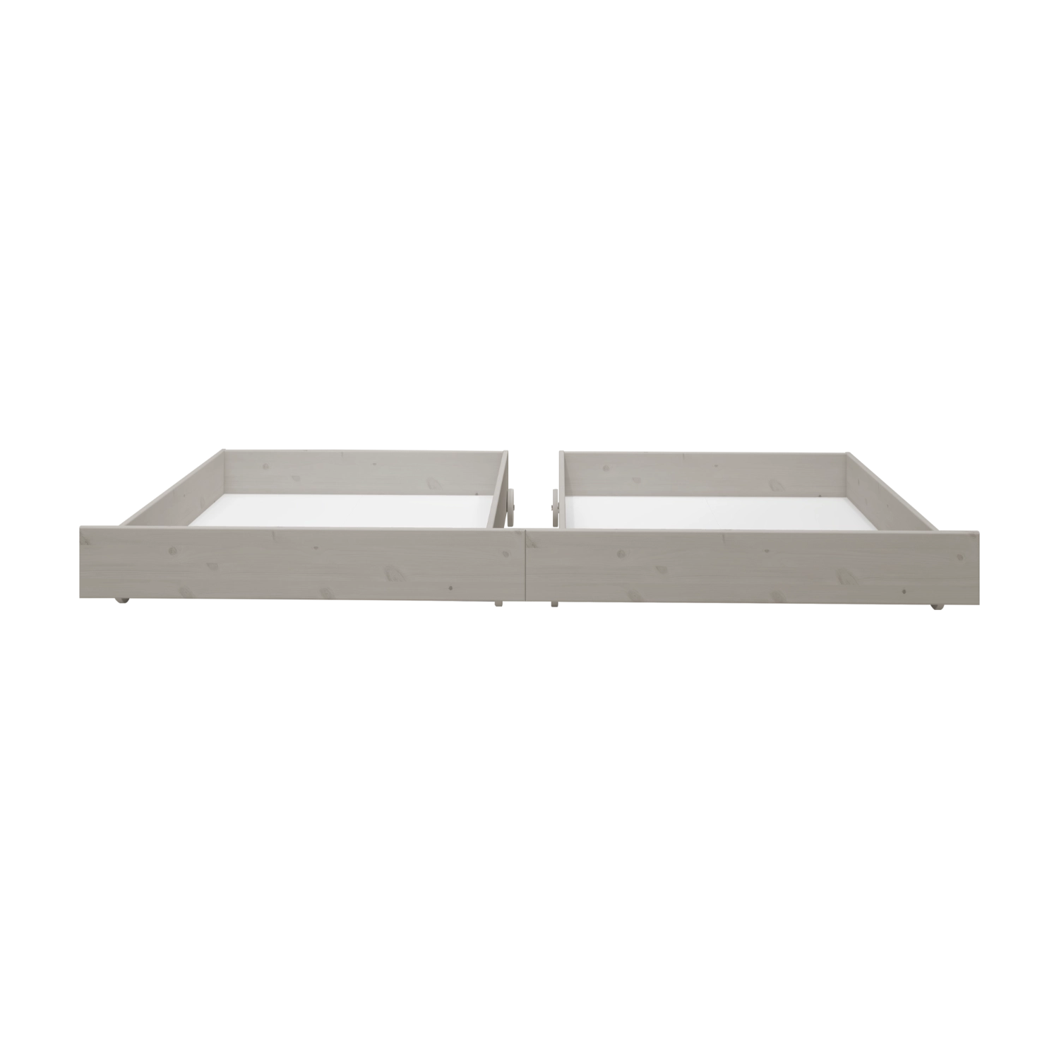 FLEXA grå sengekufferter til enkeltsenge eller køjesenge, børnesikret design, vist side om side på hvid baggrund.