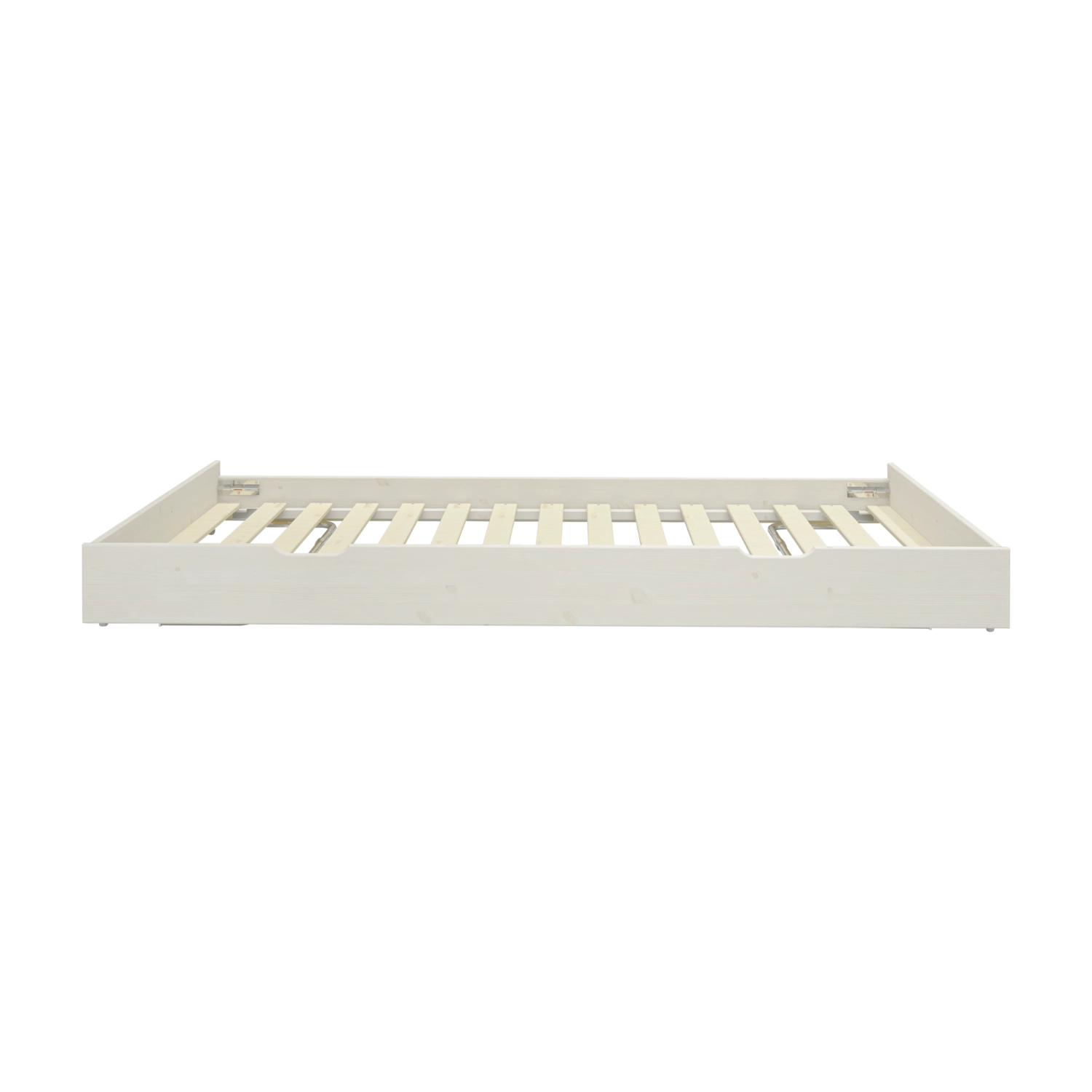FLEXA PULL-OUT bed, white wood, 90x190 cm, front view on white background. Child-safe edges visible.