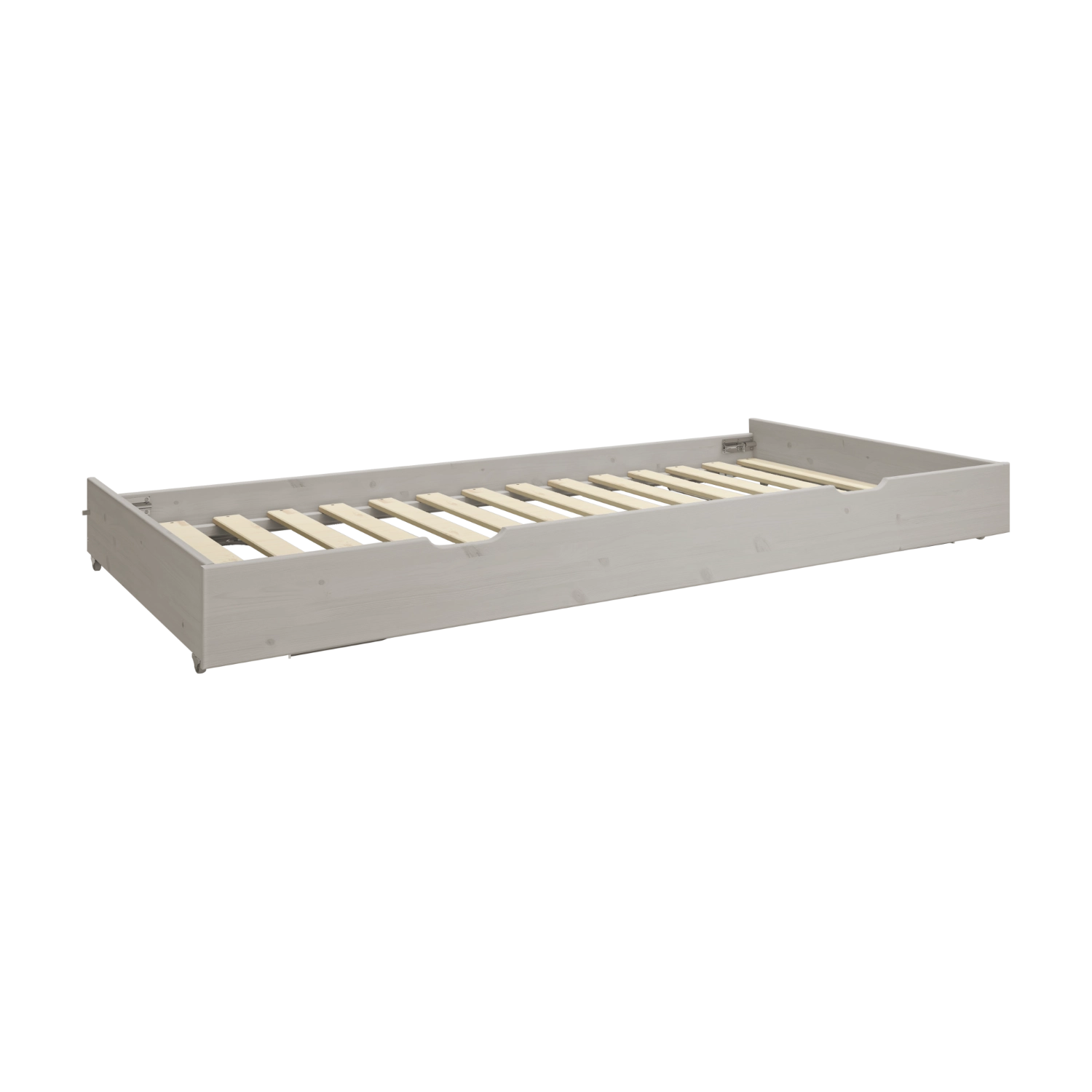 FLEXA-udtræksseng fra CLASSIC i gråt træ med lamellbund, vist i et børneværelse, med afrundede kanter og børnesikkert design.