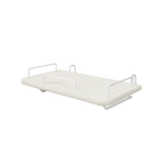 FLEXA bedside table from WHITE collection, light wood MDF with white metal brackets, mounts safely beside a bed.