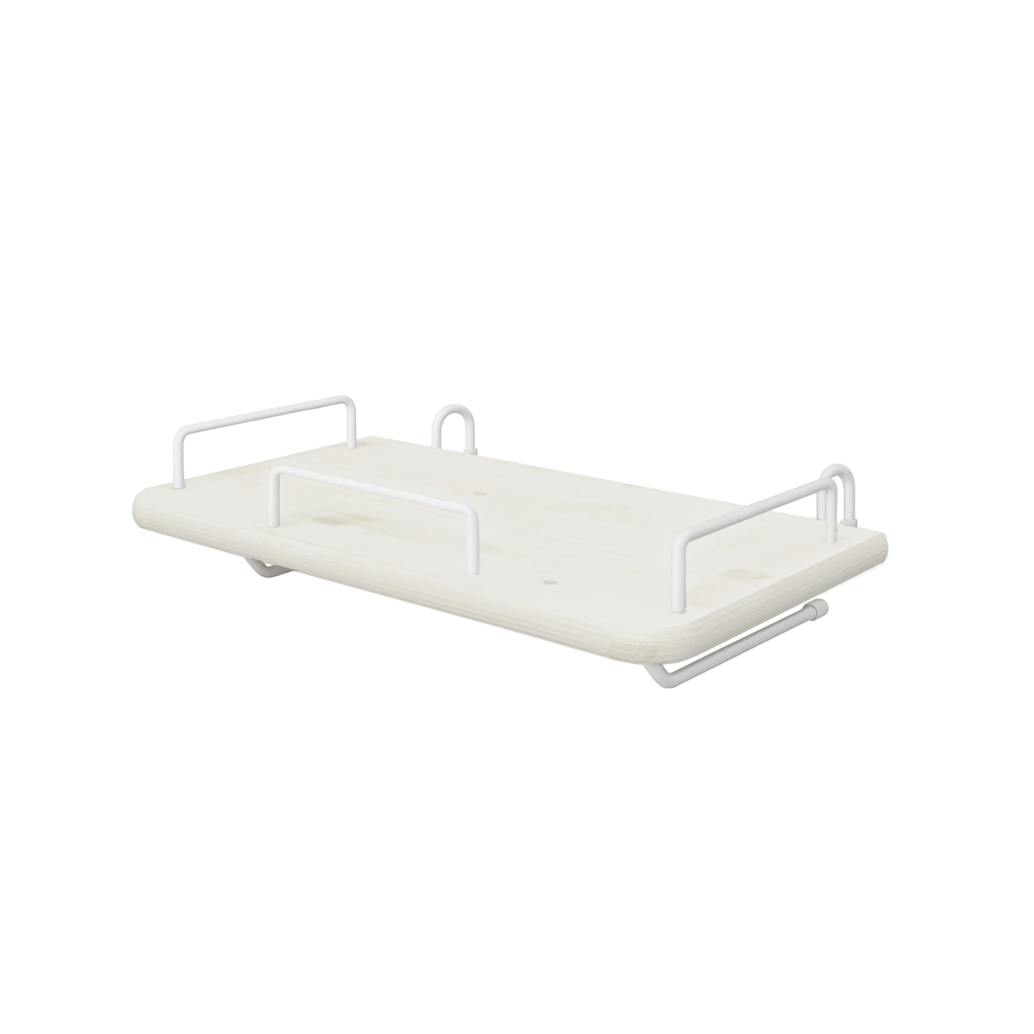 FLEXA bedside table from WHITE collection, light wood MDF with white metal brackets, mounts safely beside a bed.