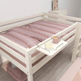 FLEXA loft bed in light wood with pink bedding, white FLEXA bedside table and soft pink rug in a child’s bedroom.