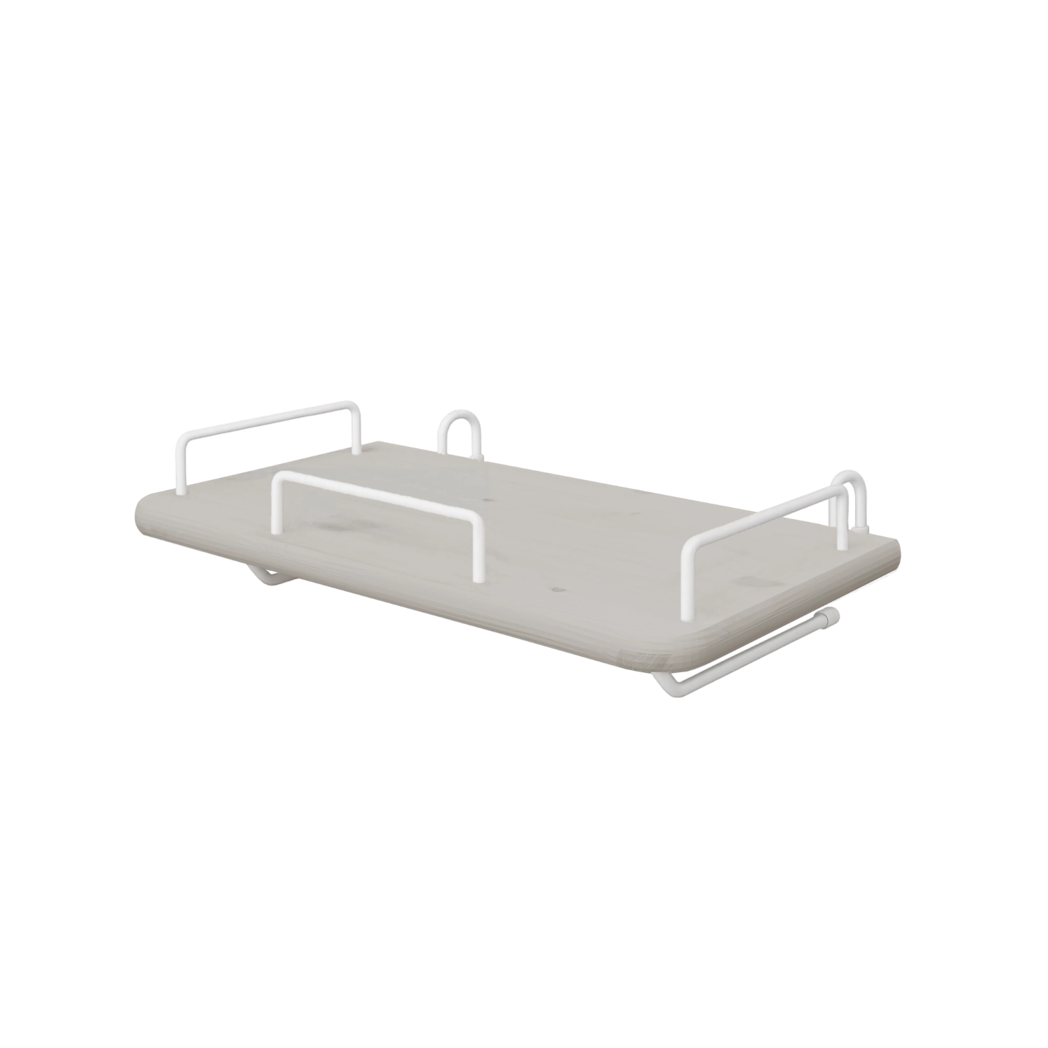 FLEXA bedside tray from the GREY collection, grey MDF with four white metal handles, child-safe edges, by a bed.