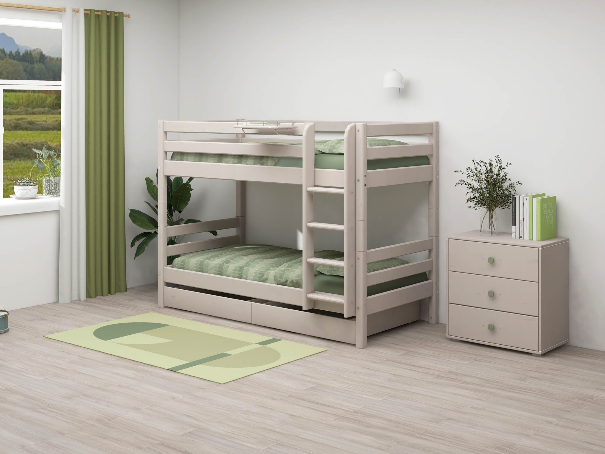 FLEXA light wood bunk bed with green bedding, grey bedside table, dresser and rug in a child’s bedroom.