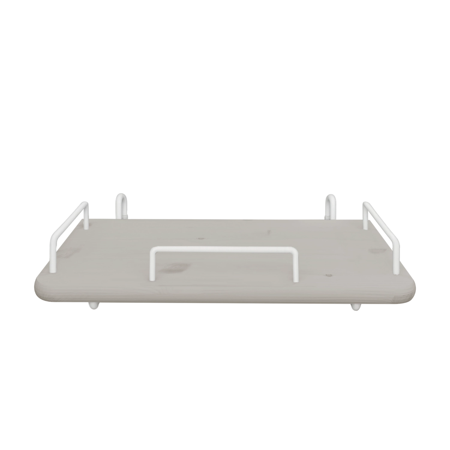 FLEXA bedside table, grey MDF with rounded edges, white metal handles; child-safe design for bedroom use.