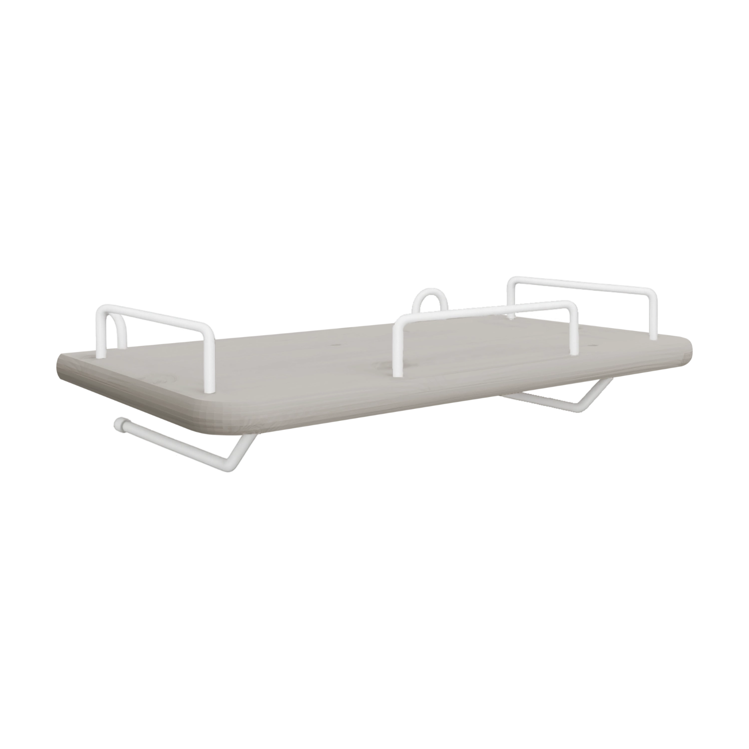 FLEXA bedside table from the GREY collection with grey MDF shelf, white metal hooks, and rounded edges for child safety.