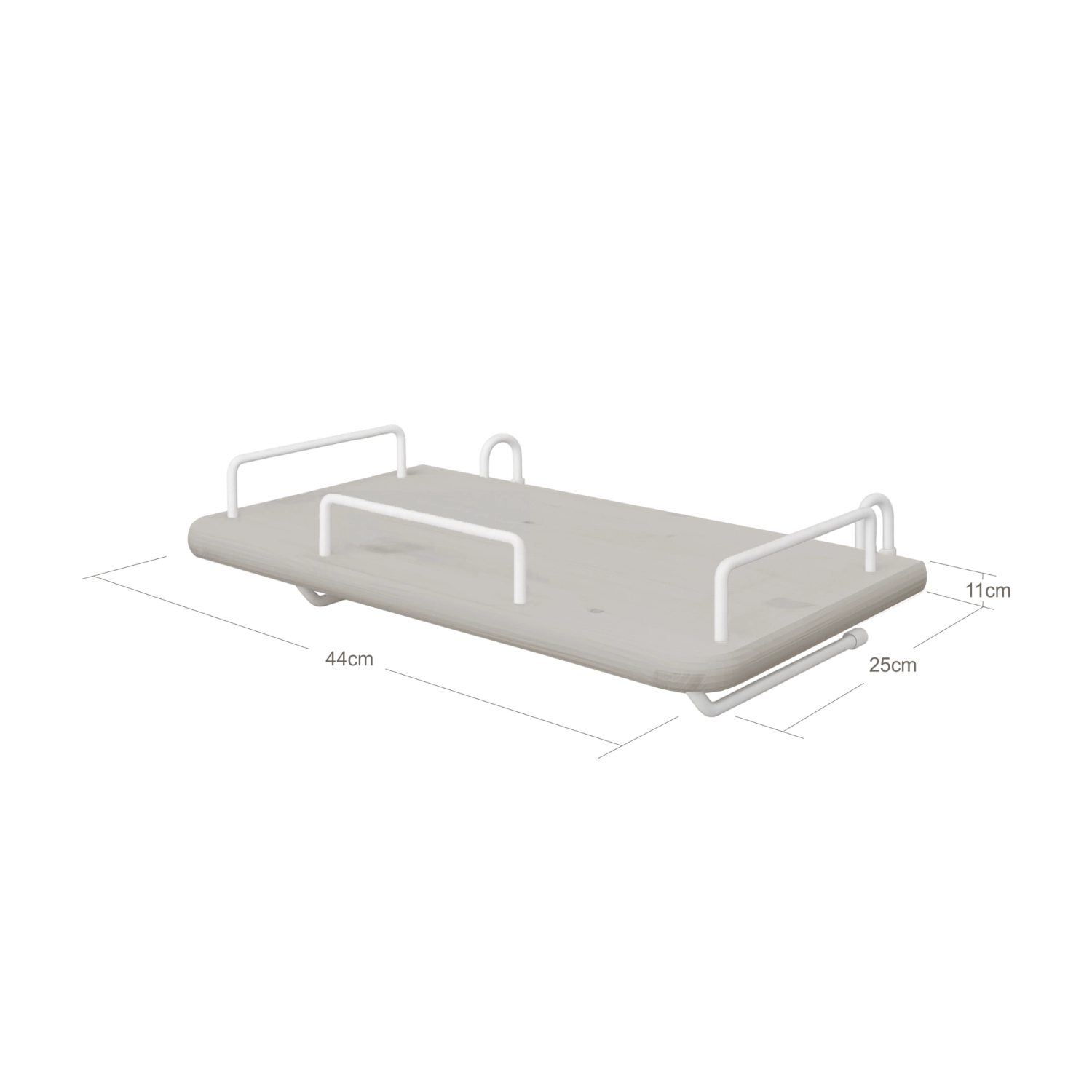 FLEXA bedside tray, grey MDF, white metal handles, hangs by bed; child-safe with smooth edges for kids’ rooms.