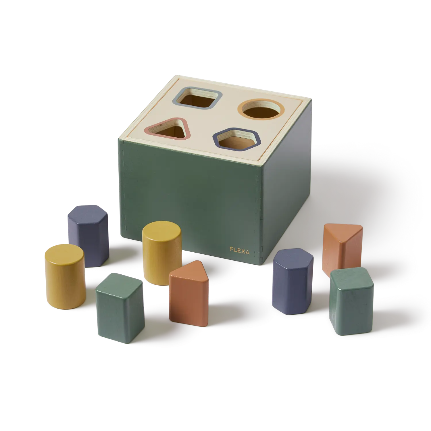 Wooden Shape Sorting box, 10 pcs, Handpainted, Green PLAY wooden-shape-sorting-box-multicolors-natural-wood  flexa-com.myshopify.com