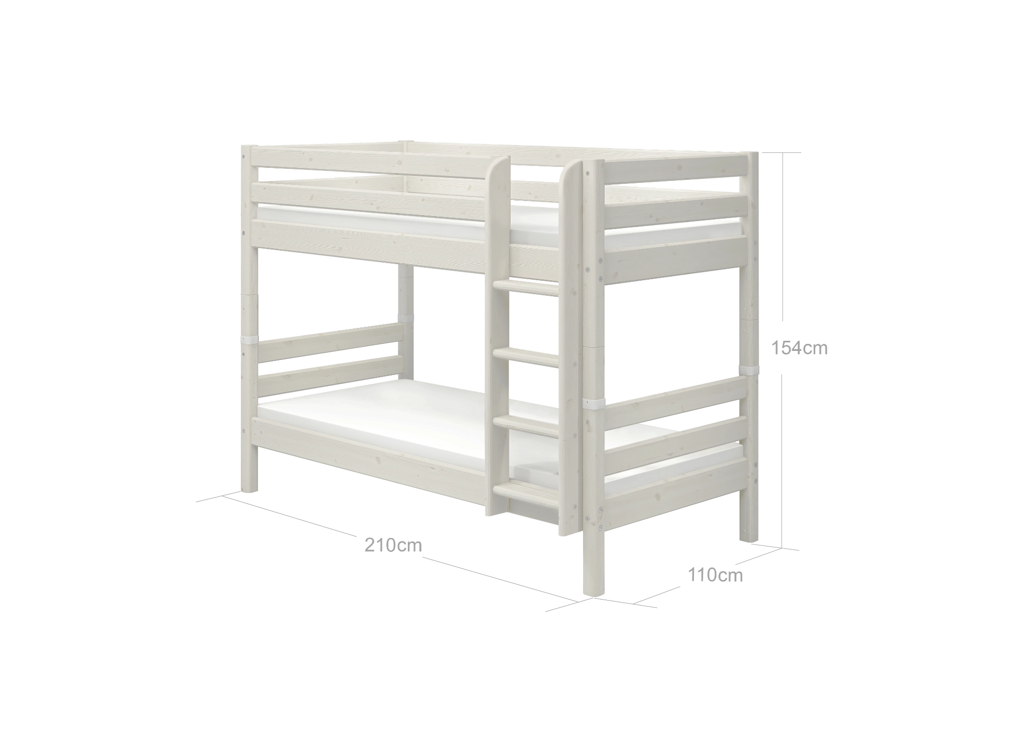 FLEXA CLASSIC white wooden bunk bed with ladder and safety rail, child-safe design, set against plain background.