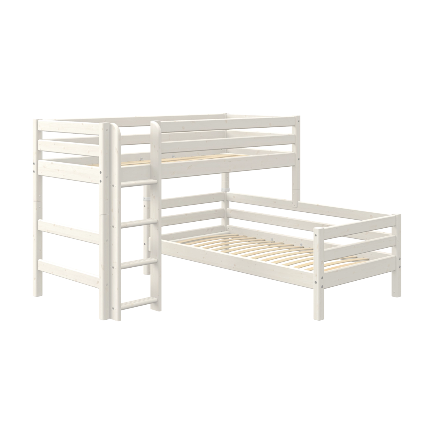 FLEXA-sengeben i hvidfyr til enkeltseng, del af FLEXA-kollektionen, synlig stige og lamellbund, børnesikkert design.
