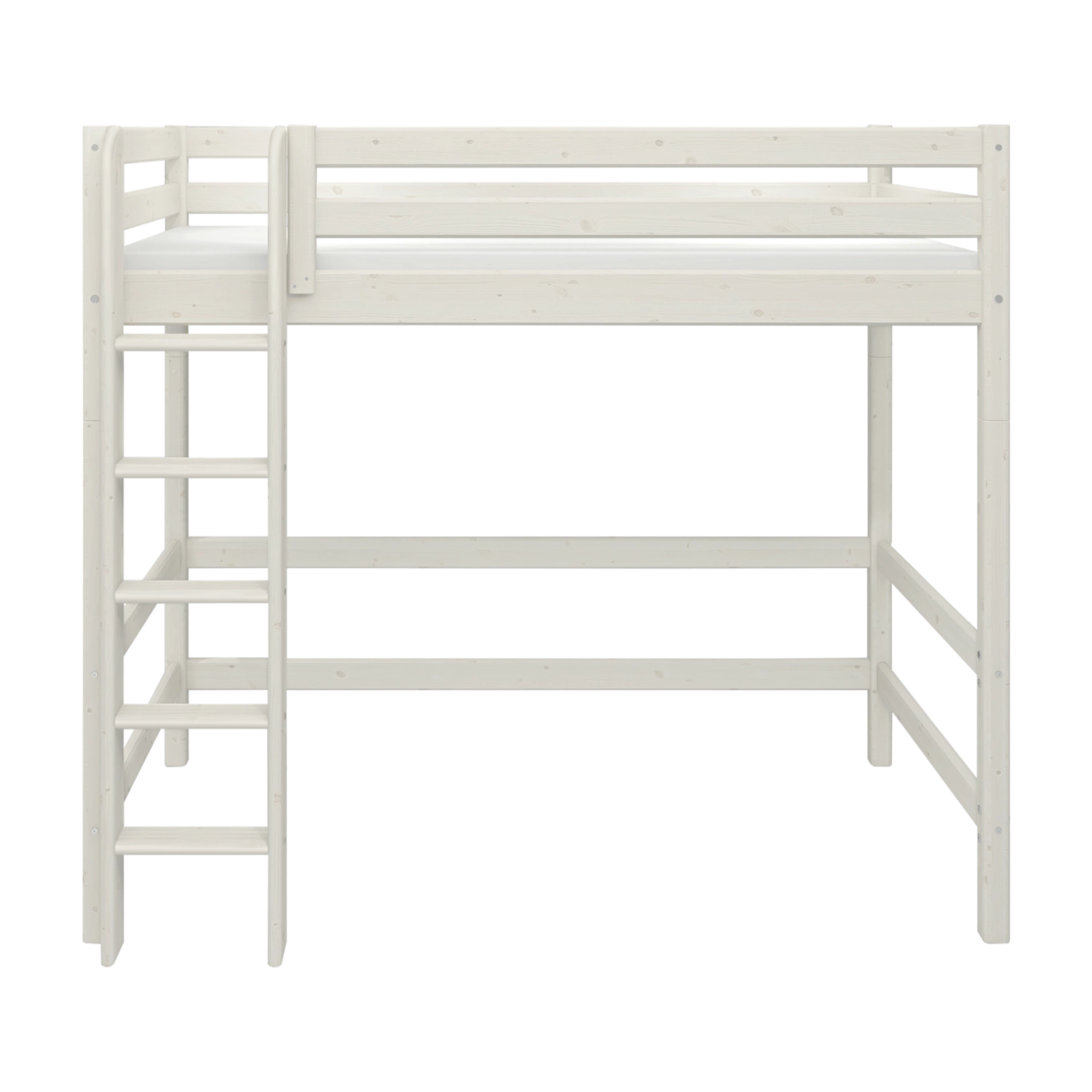 FLEXA WHITE high bed, ladder and safety rail, underbed space for storage or study, child-safe, in a child’s bedroom.