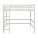 FLEXA WHITE high bed, ladder and safety rail, underbed space for storage or study, child-safe, in a child’s bedroom.