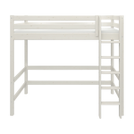 FLEXA WHITE elevated high bed with ladder and safety rail, storage space beneath, in a child’s bedroom.