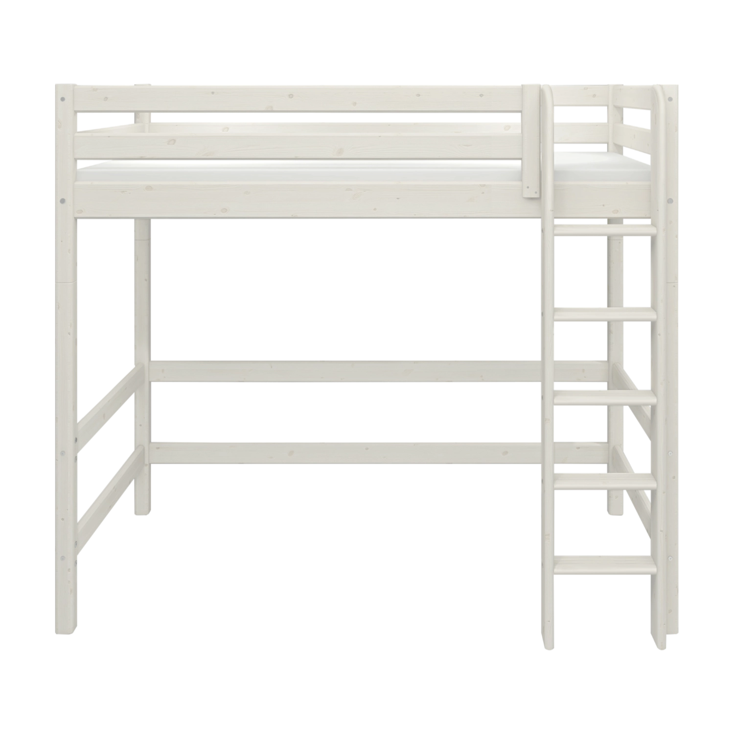 FLEXA WHITE elevated high bed with ladder and safety rail, storage space beneath, in a child’s bedroom.