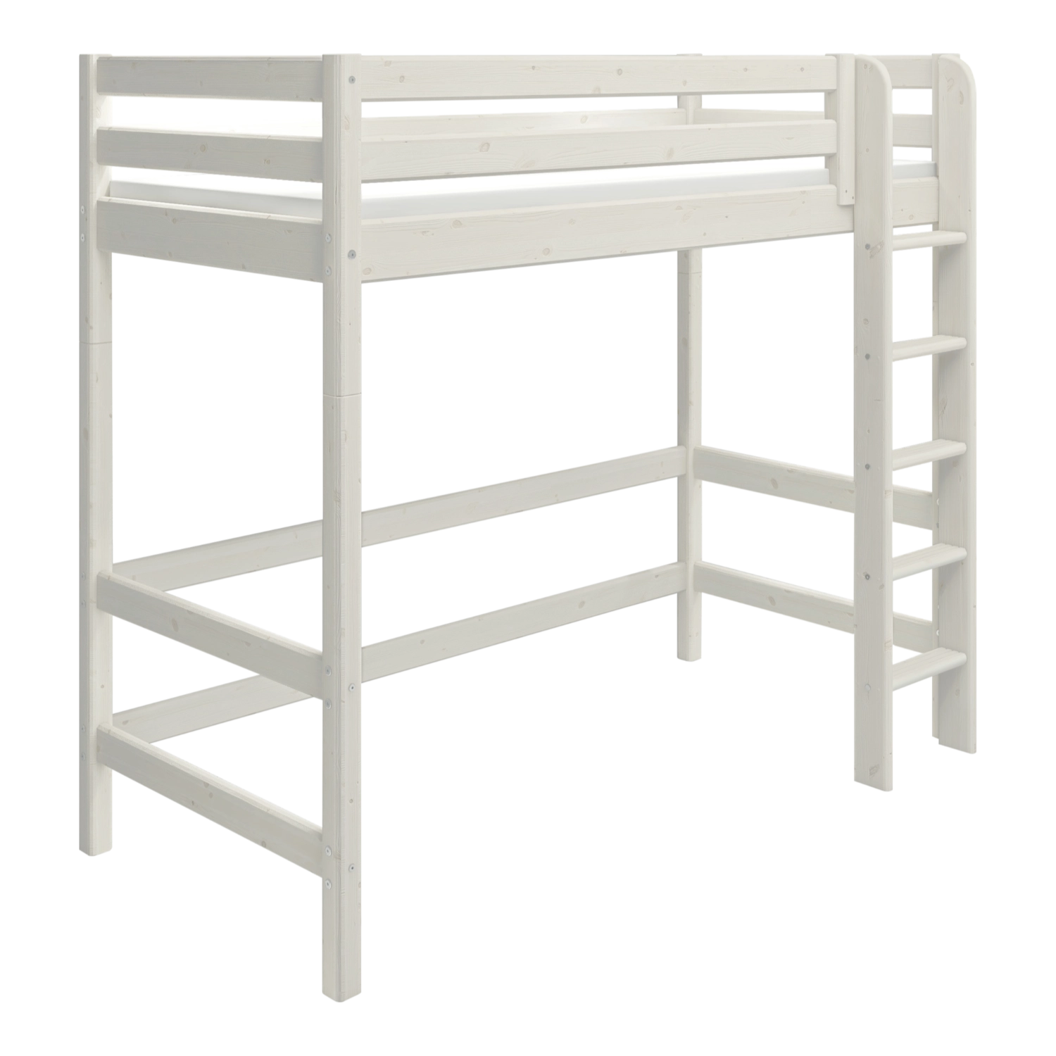 FLEXA WHITE high bed from the FLEXA collection with ladder, safety rail, and underbed storage in a plain setting.
