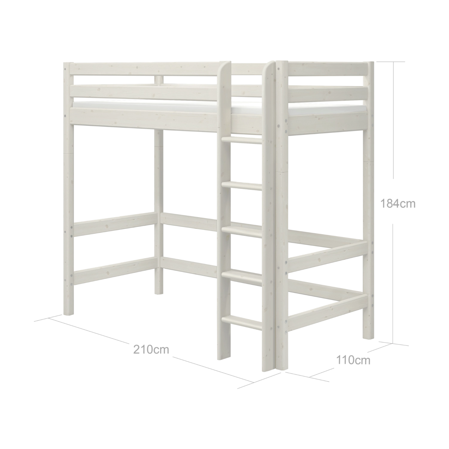 FLEXA white high bed from CLASSIC range with ladder, safety rail, under-bed storage, shown in a child’s bedroom.