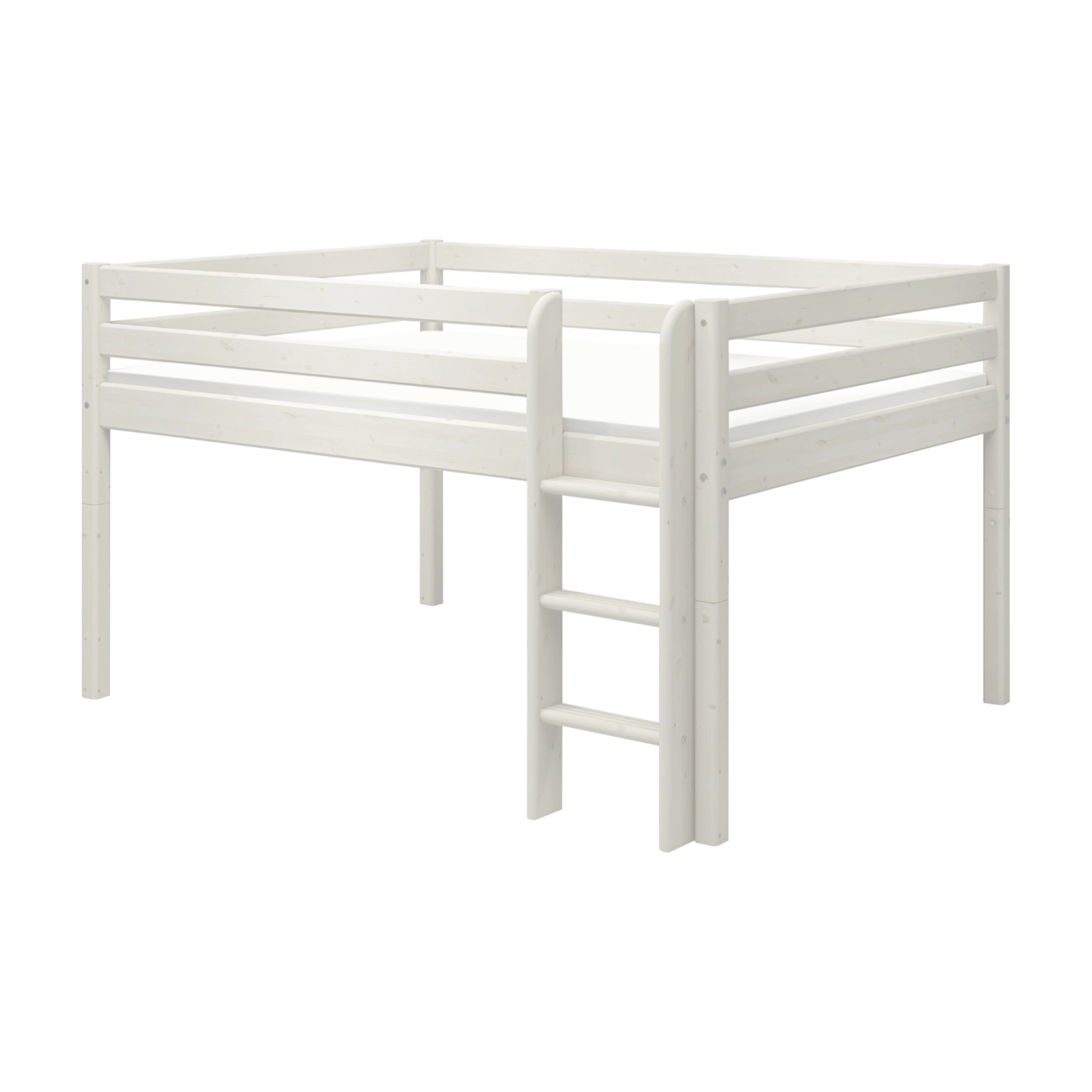 FLEXA white high bed from CLASSIC collection with safety rail and ladder, child-safe design, shown against plain background.