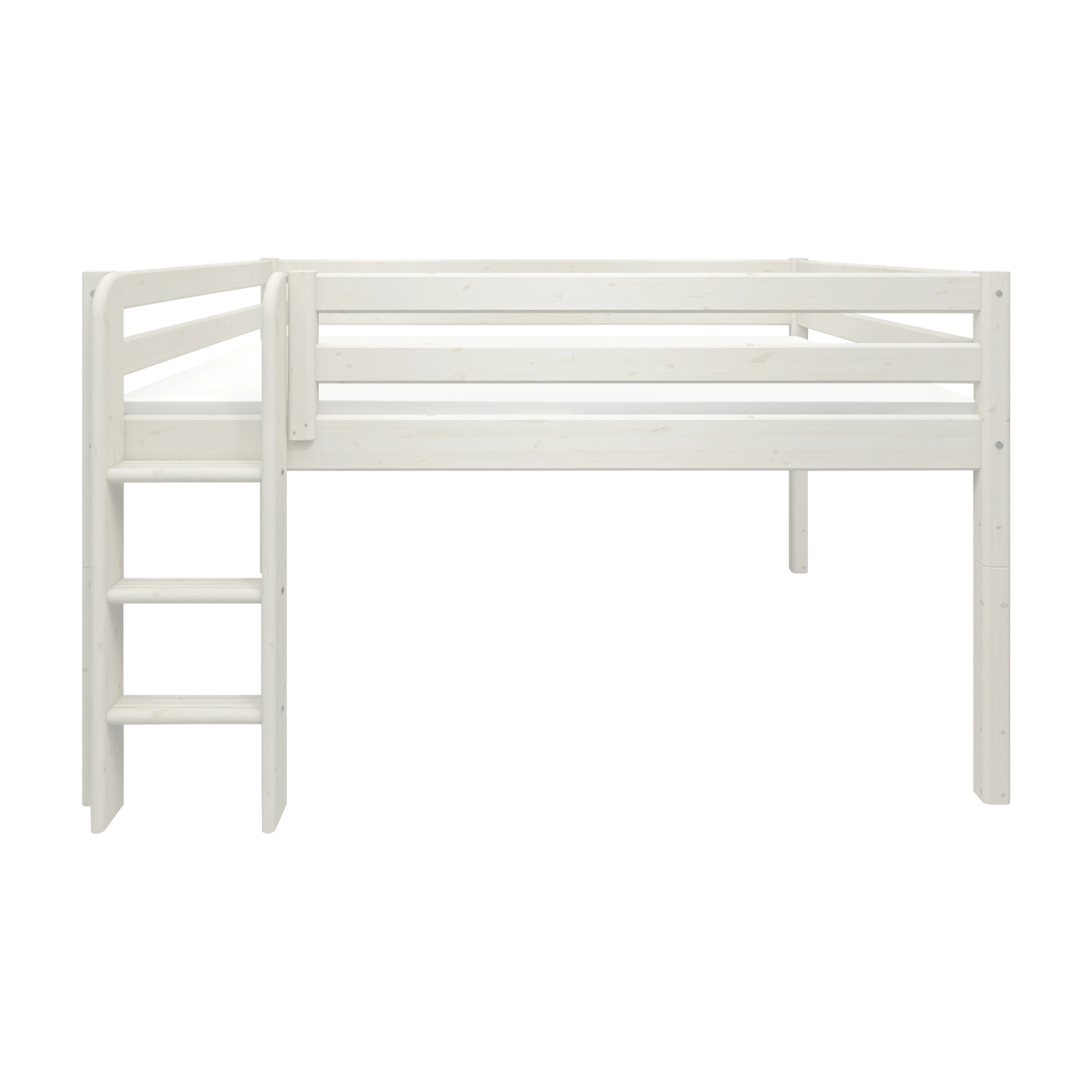FLEXA-seng fra WHITE-kollektionen, 140 x 200 cm, med stige og sikkerhedsgelænder, hvid finish, børnesikker til børneværelser.
