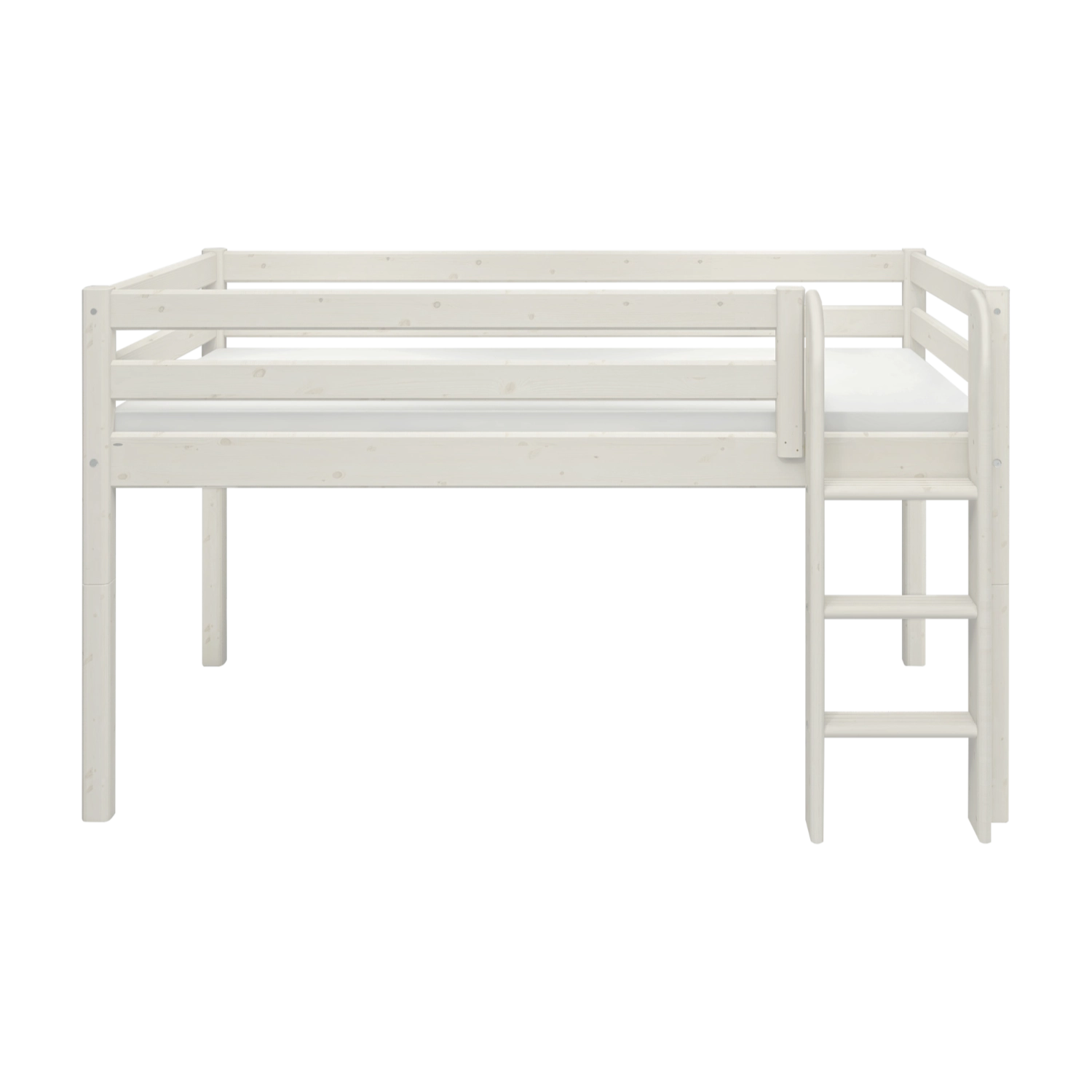 FLEXA-højseng fra CLASSIC-serien, hvid fyr, 90 x 200 cm, stige til højre, sikkerhedsgelænder, indretning til børneværelset.