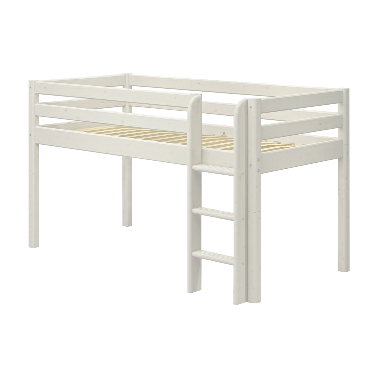 FLEXA hvid stige og ben til højseng, med skridsikre trin; børnesikkert design, vist på ensfarvet baggrund.