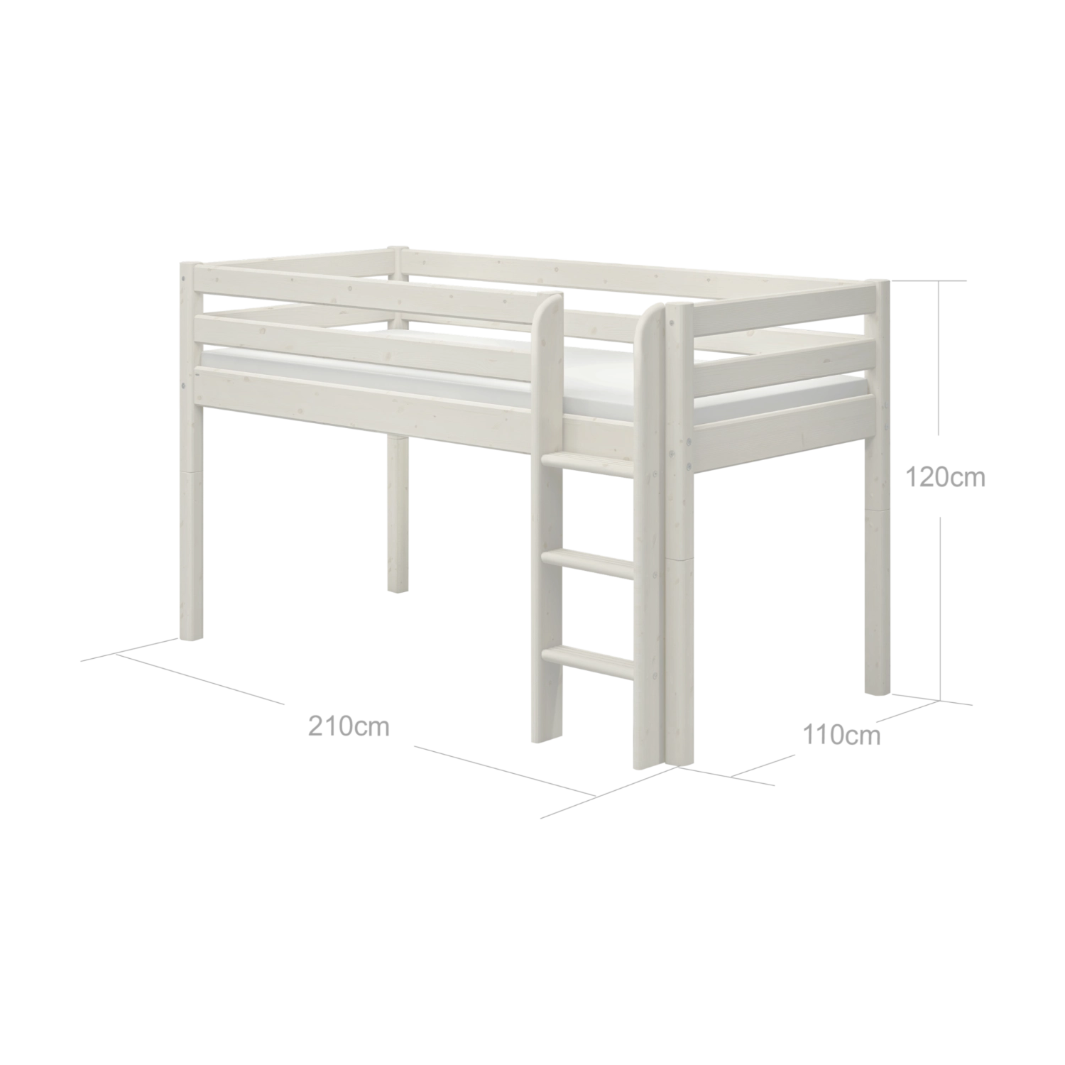 FLEXA WHITE højseng fra CLASSIC-serien, 90 x 200 cm, med sikkerhedsgelænder og stige, i et børneværelse.