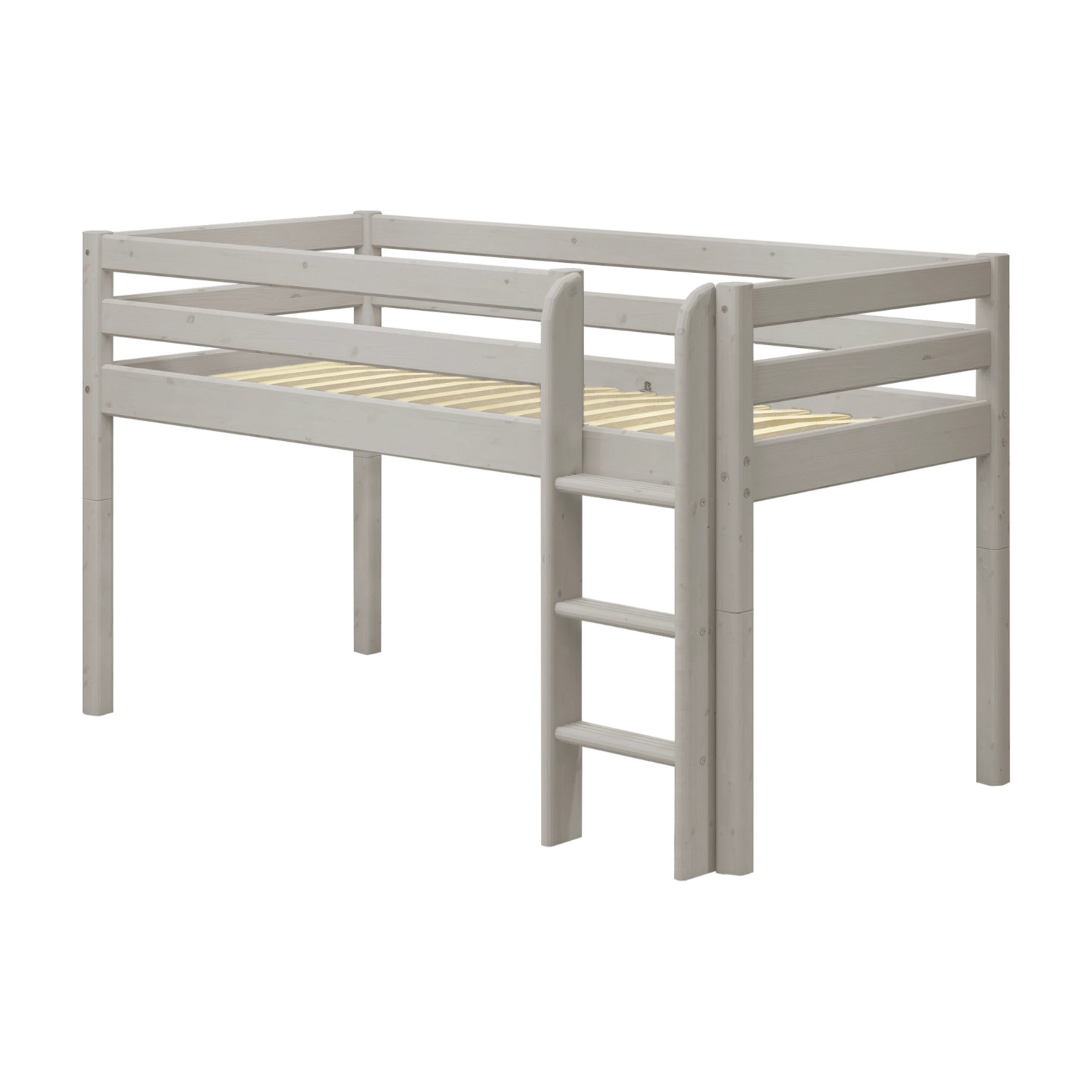 FLEXA CLASSIC høj seng i grå fyrretræ med stige og ben, med skridsikker stige i højre side, synlige gelændere, børnesikkert design.