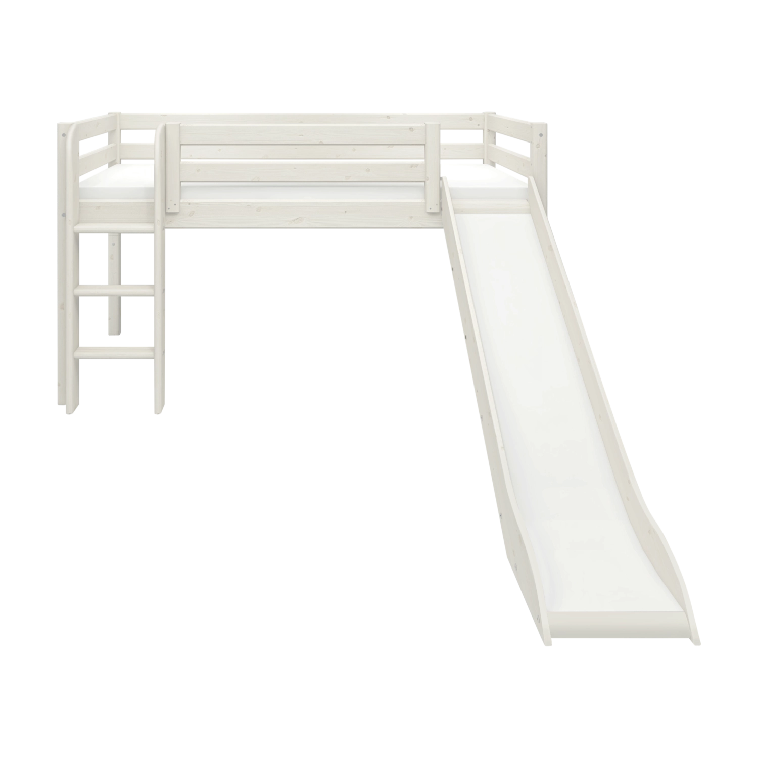 Hvidt FLEXA CLASSIC-højseng med rutsjebane og stige, børnesikkert design, i et børneværelse, 90 x 200 cm.