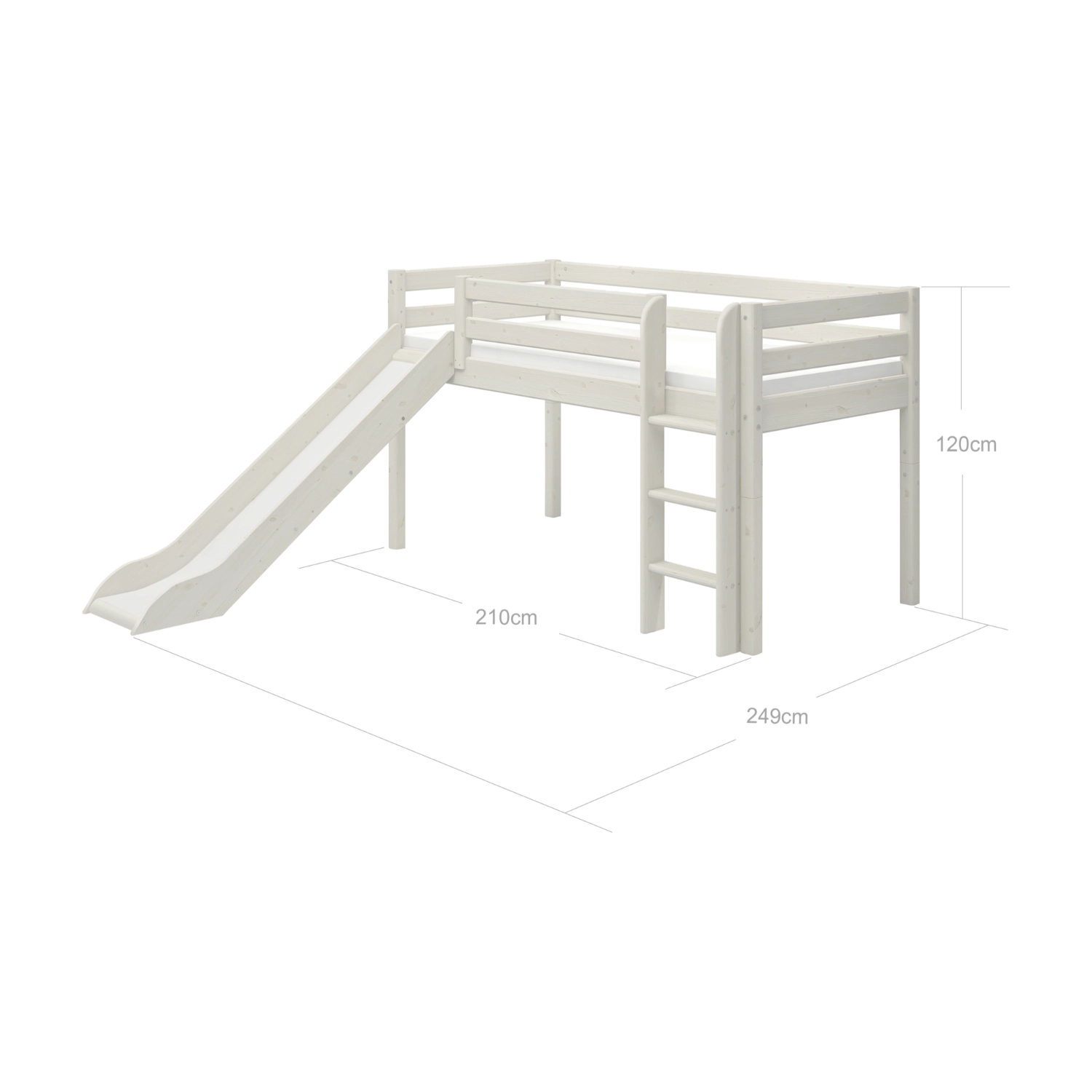 FLEXA WHITE mellemhøj seng med rutsjebane og stige, børnesikkert design, vist i et lyst børneværelse.