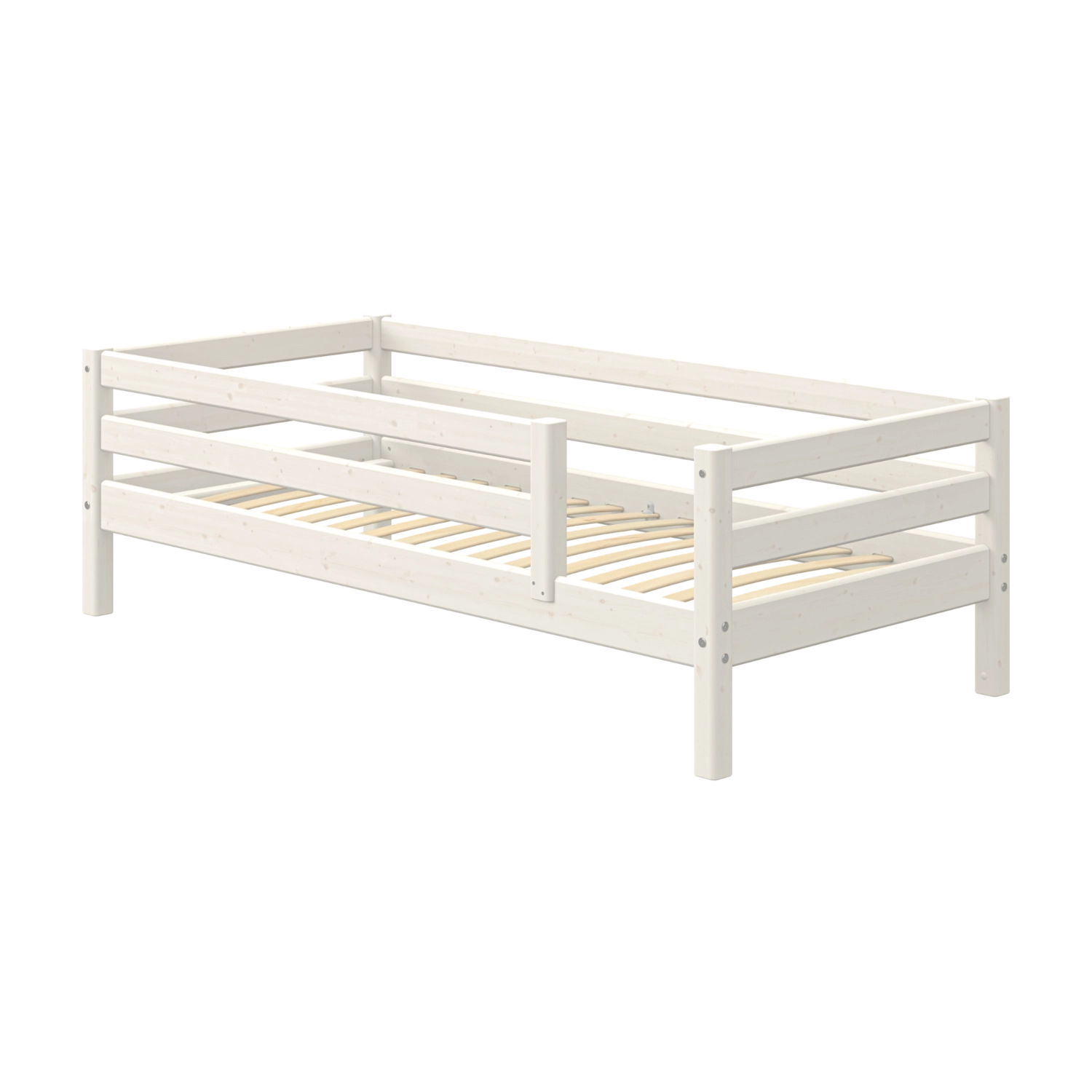 FLEXA enkeltseng fra WHITE-kollektionen med sikkerhedsgelænder, hvid finish, lamellbund, børnesikkert design til småbørnsværelset.