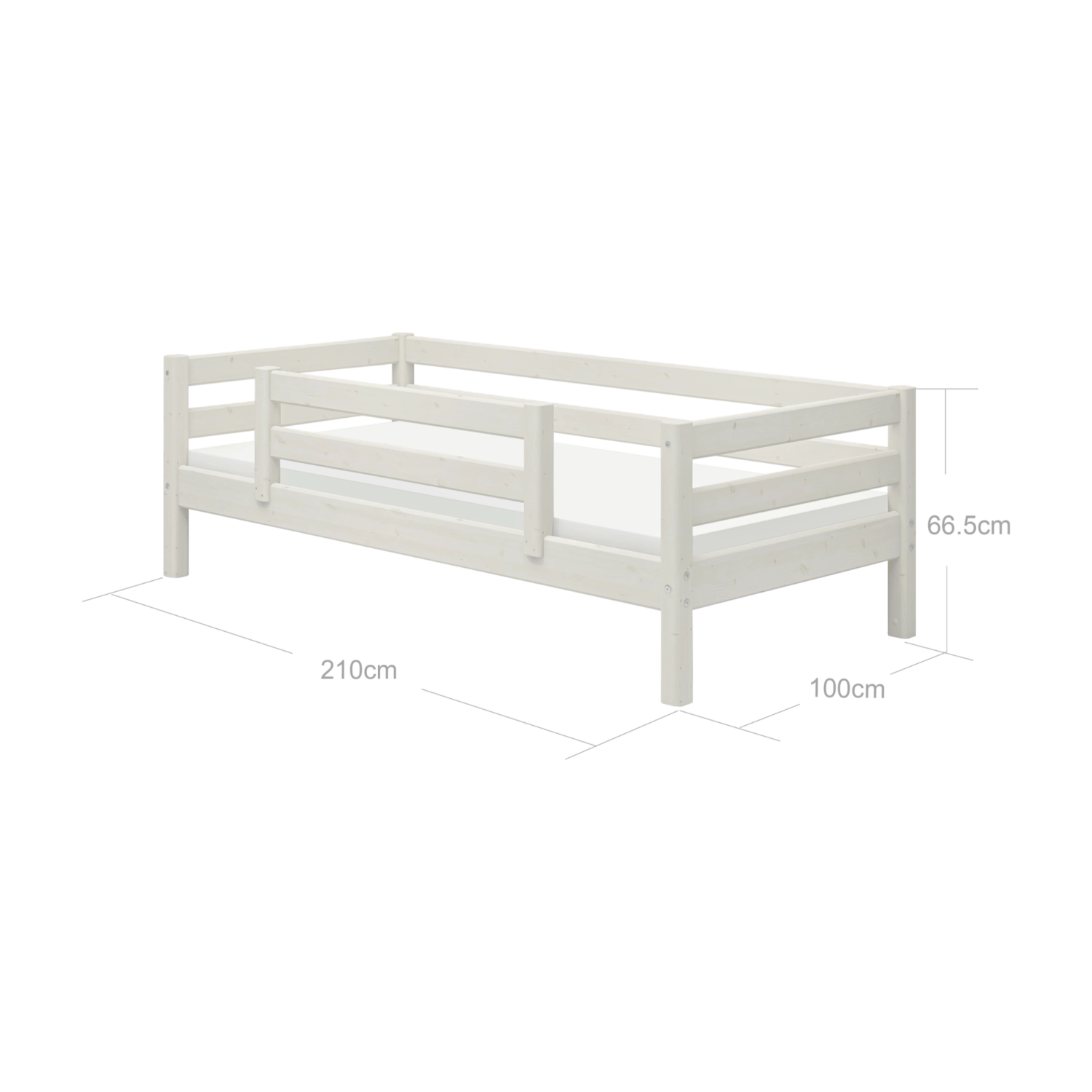 FLEXA-enkelseng i hvid fyr med sikkerhedsgelænder, børnesikkert design, fra FLEXA-kollektionen, vist i et børneværelse.
