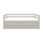 FLEXA single bed from CLASSIC range in grey wood, with pull-out bed, storage drawers and safety rail, on plain background.