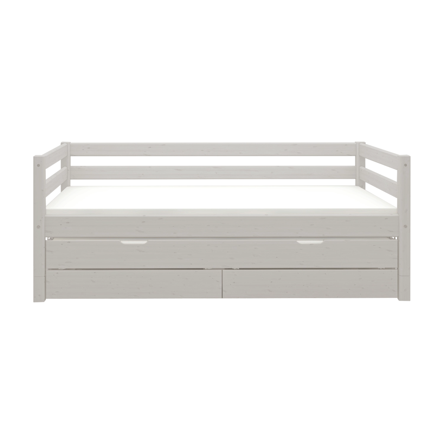 FLEXA single bed from CLASSIC range in grey wood, with pull-out bed, storage drawers and safety rail, on plain background.