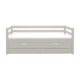 FLEXA single bed from CLASSIC range in grey wood, with pull-out bed, storage drawers and safety rail, on plain background.