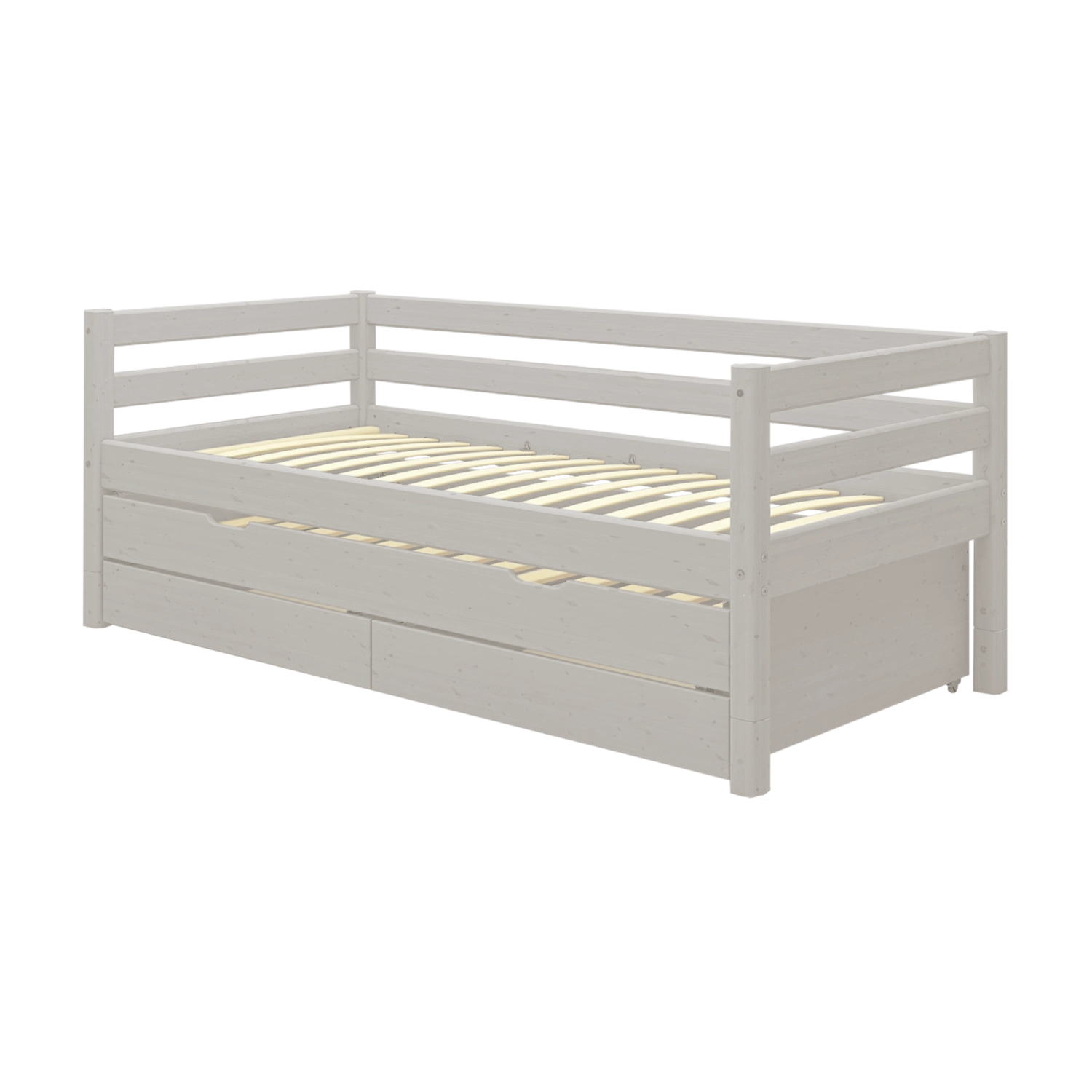 FLEXA single bed from CLASSIC range in grey with pull-out bed, storage drawers, safety rail; fits a child’s room.