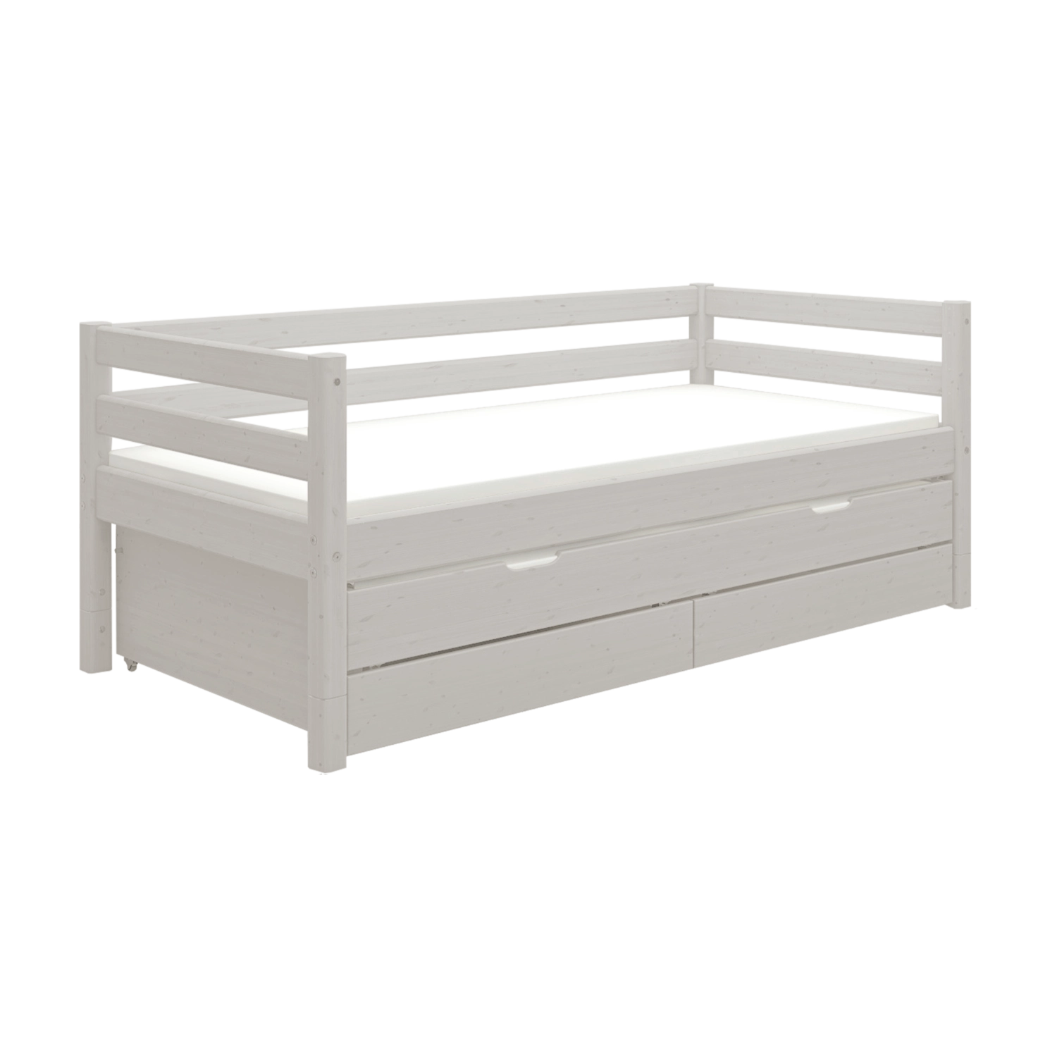 FLEXA grey single bed with pull-out underbed, storage drawers and safety rail, shown in a child’s bedroom.