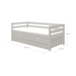 FLEXA single bed with pull-out guest bed, grey, visible storage and safety rail; shown in a child’s bedroom.